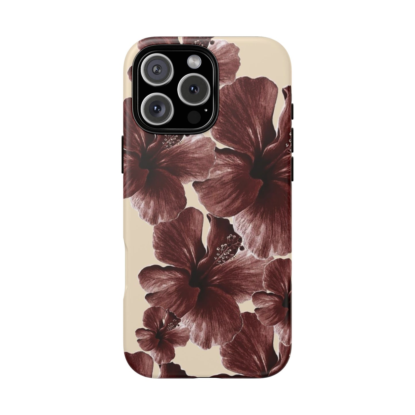 Hibiscus Floral Tough Phone Case — Maroon Vintage Flower Protective Cover