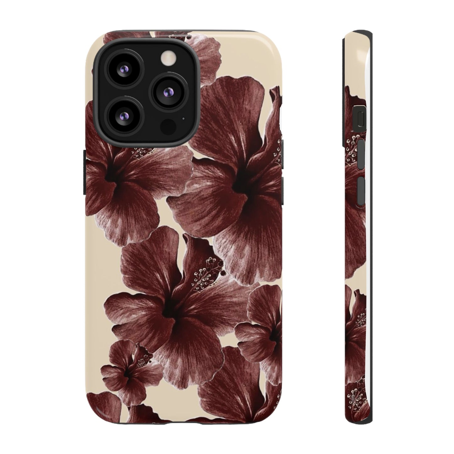 Hibiscus Floral Tough Phone Case — Maroon Vintage Flower Protective Cover