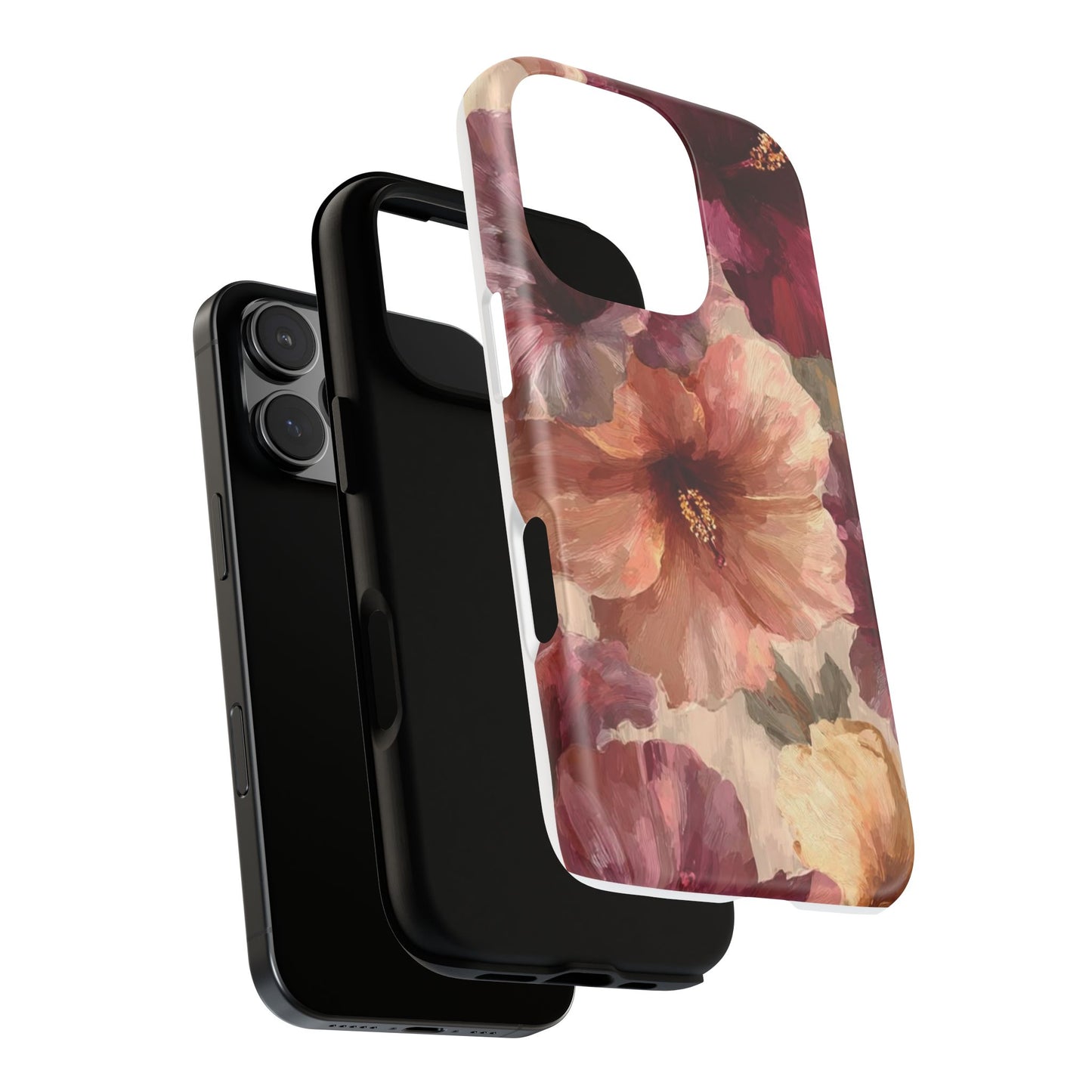 Floral Watercolor Phone Case — Burgundy & Peach Hibiscus Protective Cover