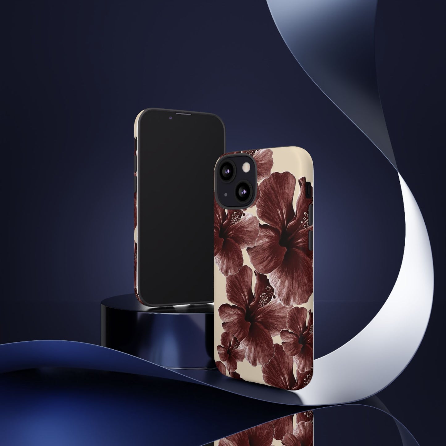 Hibiscus Floral Tough Phone Case — Maroon Vintage Flower Protective Cover
