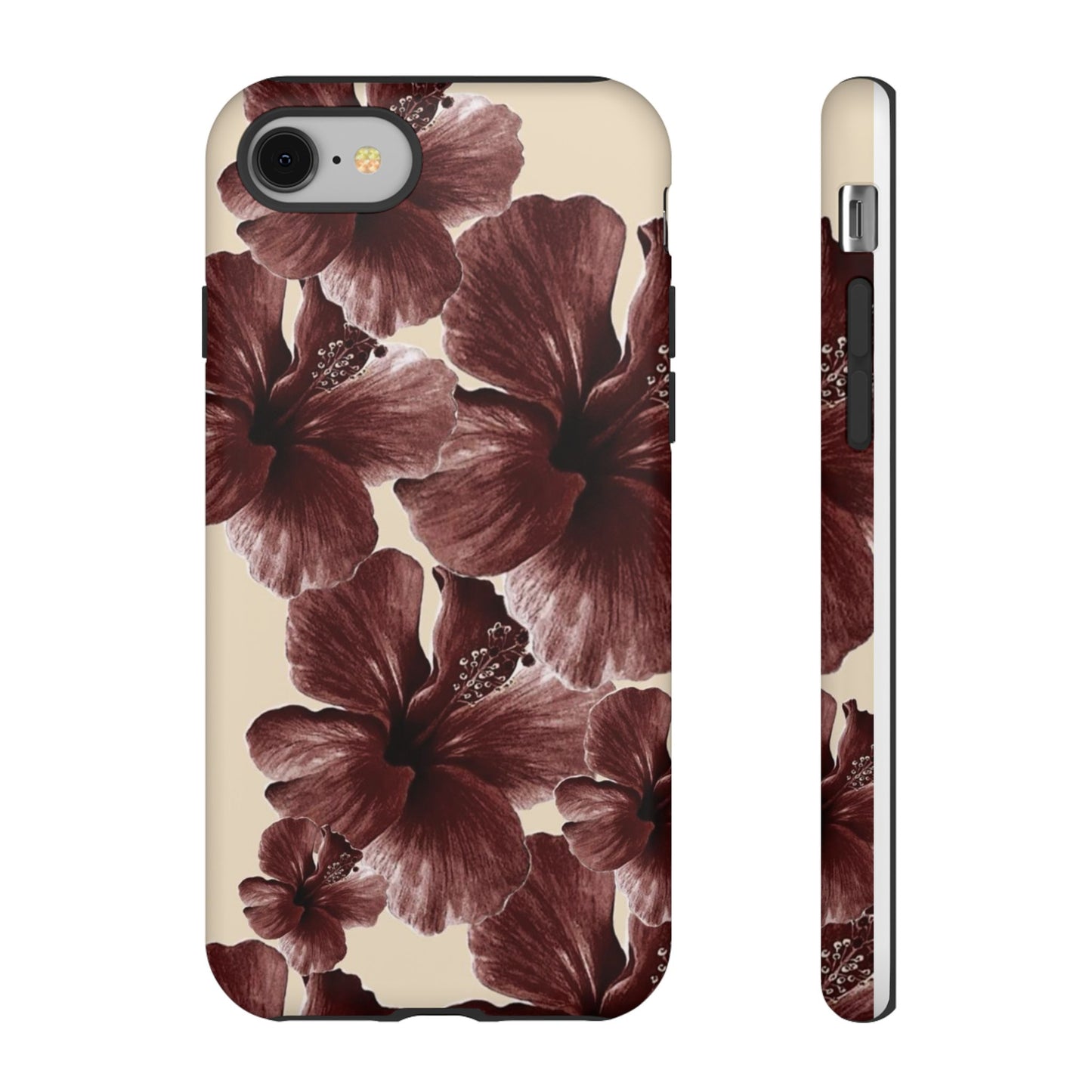 Hibiscus Floral Tough Phone Case — Maroon Vintage Flower Protective Cover
