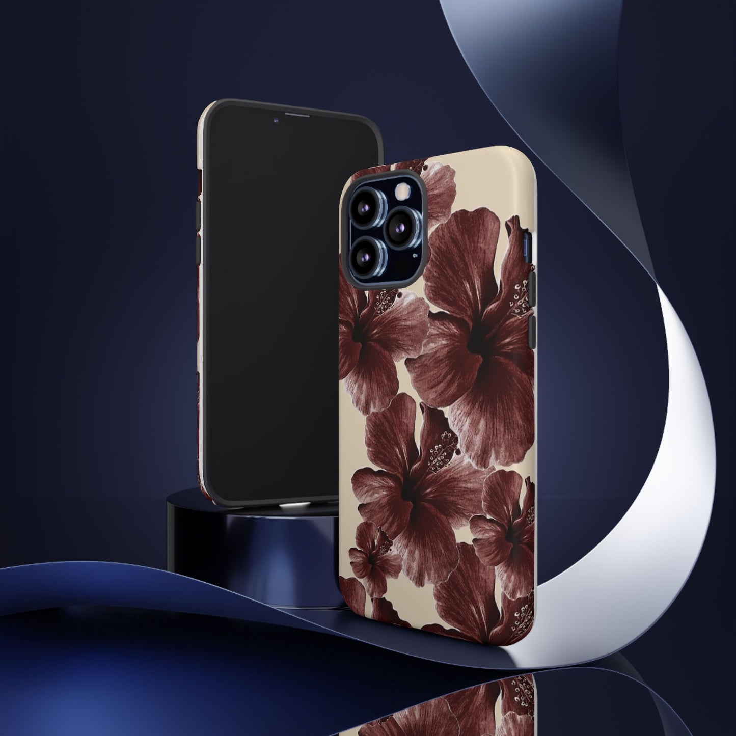 Hibiscus Floral Tough Phone Case — Maroon Vintage Flower Protective Cover