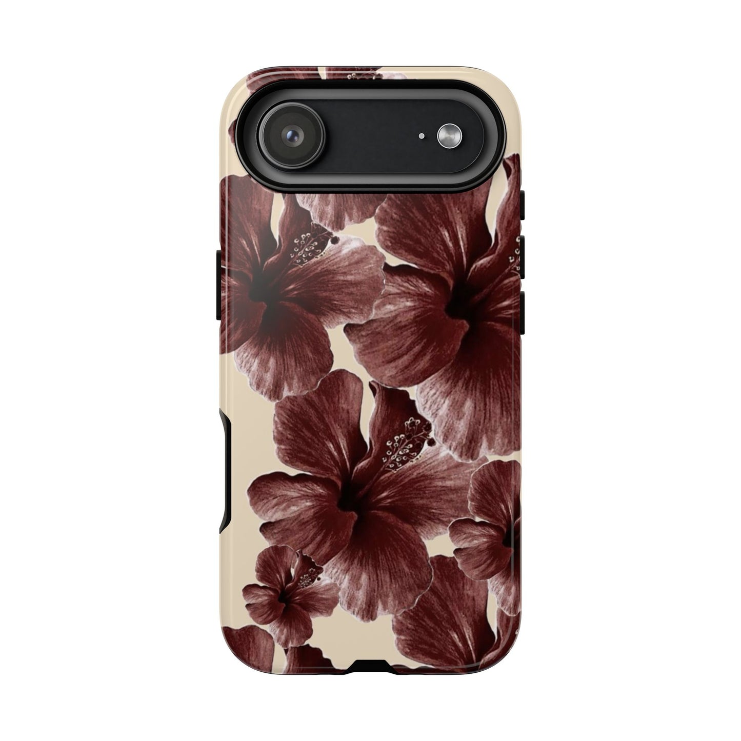 Hibiscus Floral Tough Phone Case — Maroon Vintage Flower Protective Cover