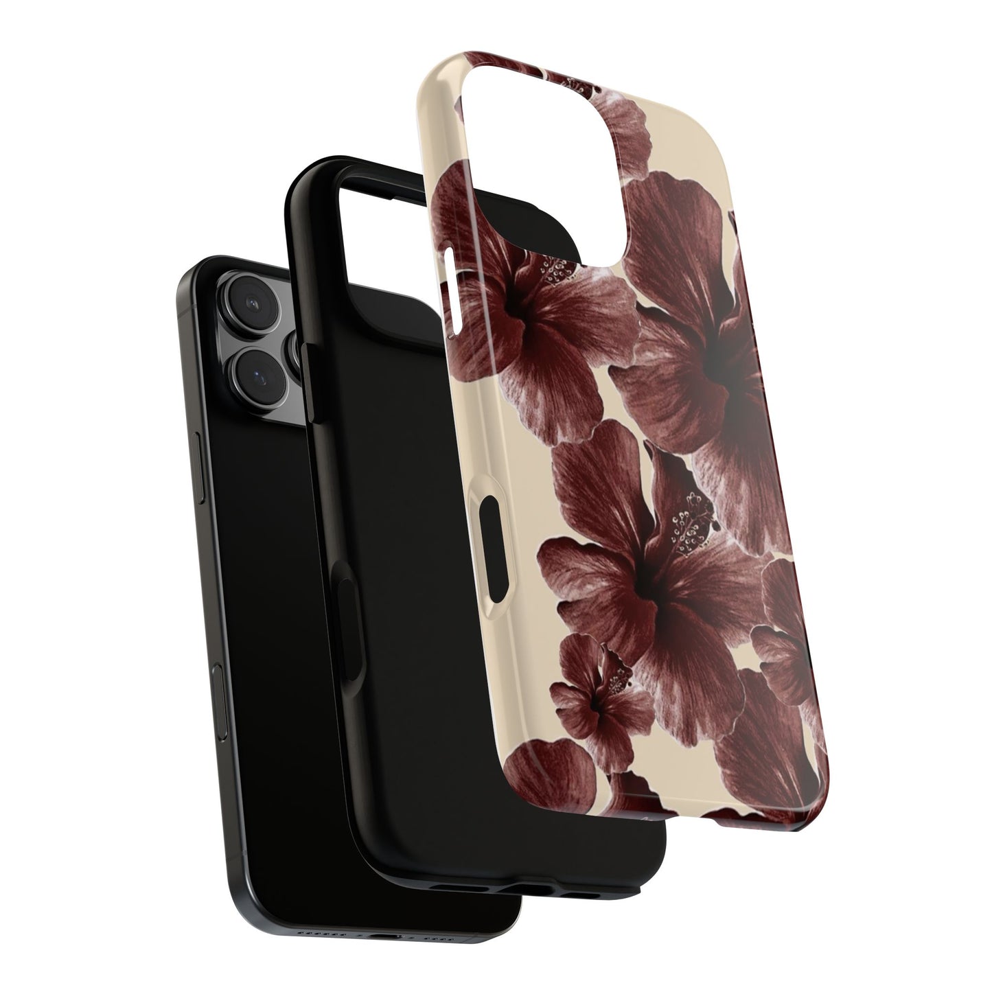 Hibiscus Floral Tough Phone Case — Maroon Vintage Flower Protective Cover