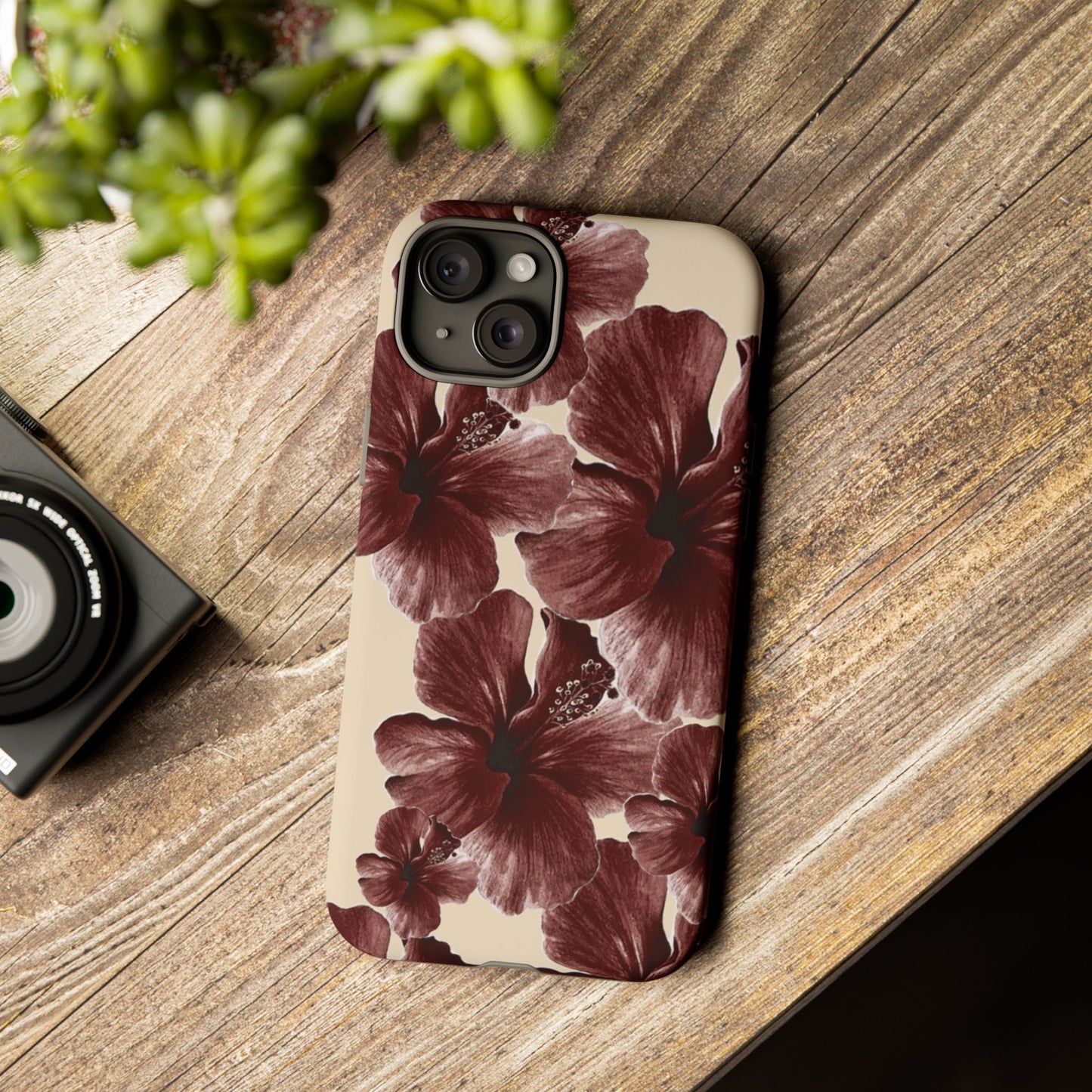 Hibiscus Floral Tough Phone Case — Maroon Vintage Flower Protective Cover