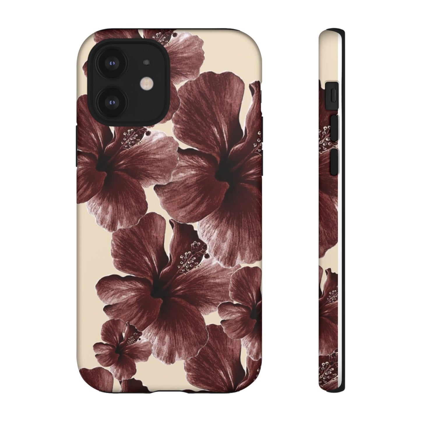 Hibiscus Floral Tough Phone Case — Maroon Vintage Flower Protective Cover