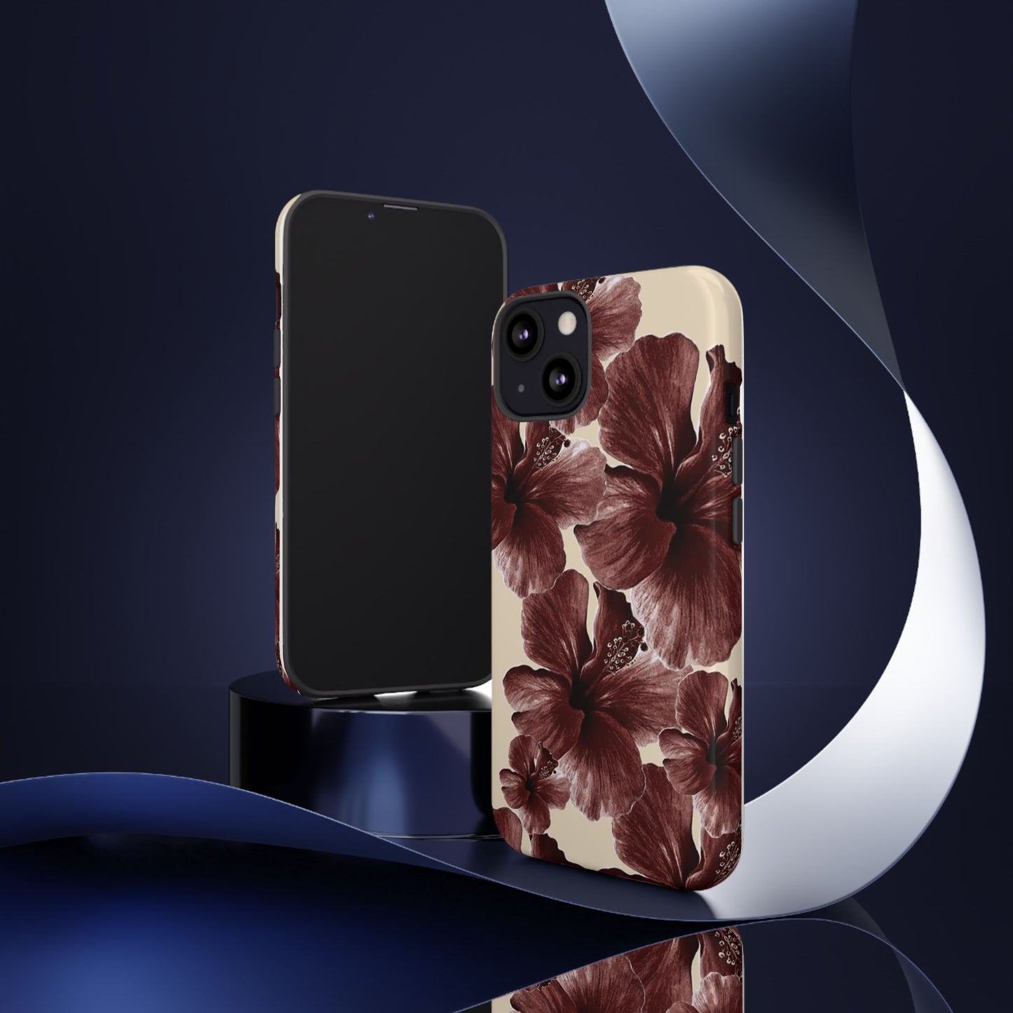 Hibiscus Floral Tough Phone Case — Maroon Vintage Flower Protective Cover