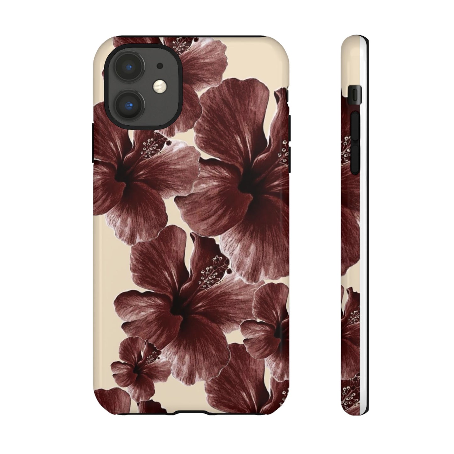 Hibiscus Floral Tough Phone Case — Maroon Vintage Flower Protective Cover