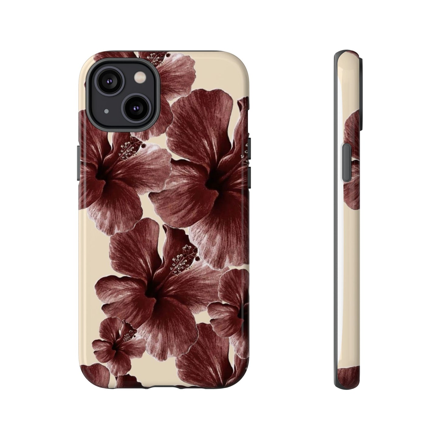 Hibiscus Floral Tough Phone Case — Maroon Vintage Flower Protective Cover