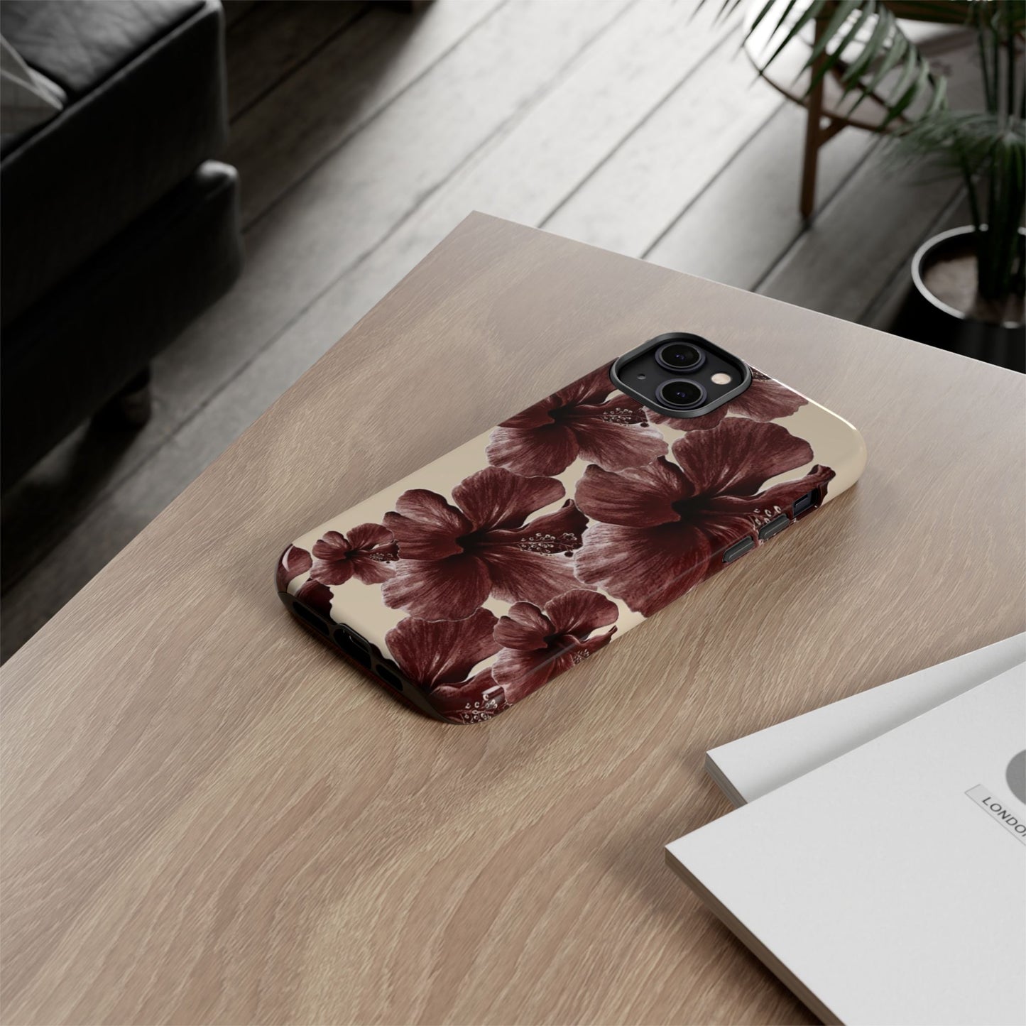 Hibiscus Floral Tough Phone Case — Maroon Vintage Flower Protective Cover
