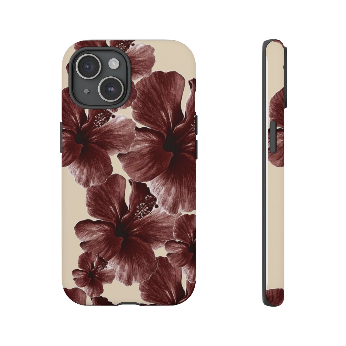 Hibiscus Floral Tough Phone Case — Maroon Vintage Flower Protective Cover