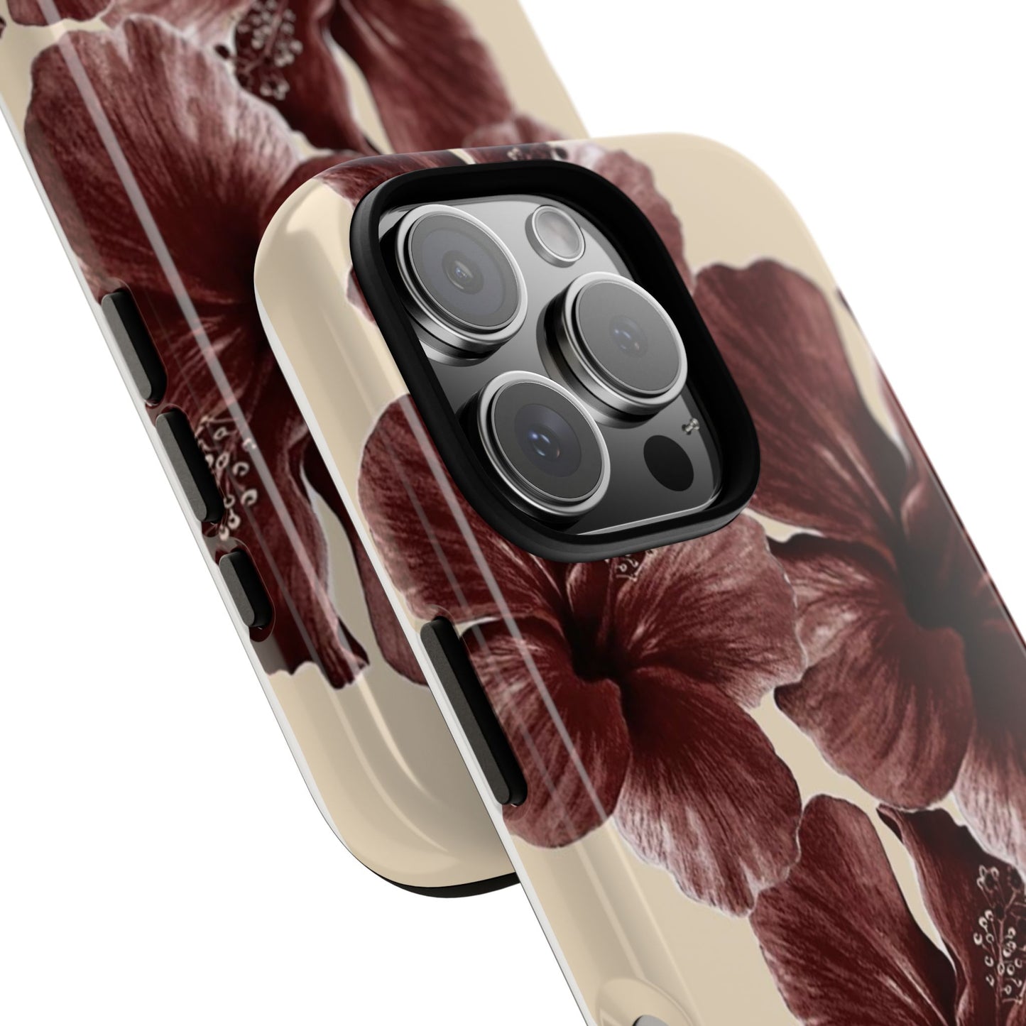 Hibiscus Floral Tough Phone Case — Maroon Vintage Flower Protective Cover