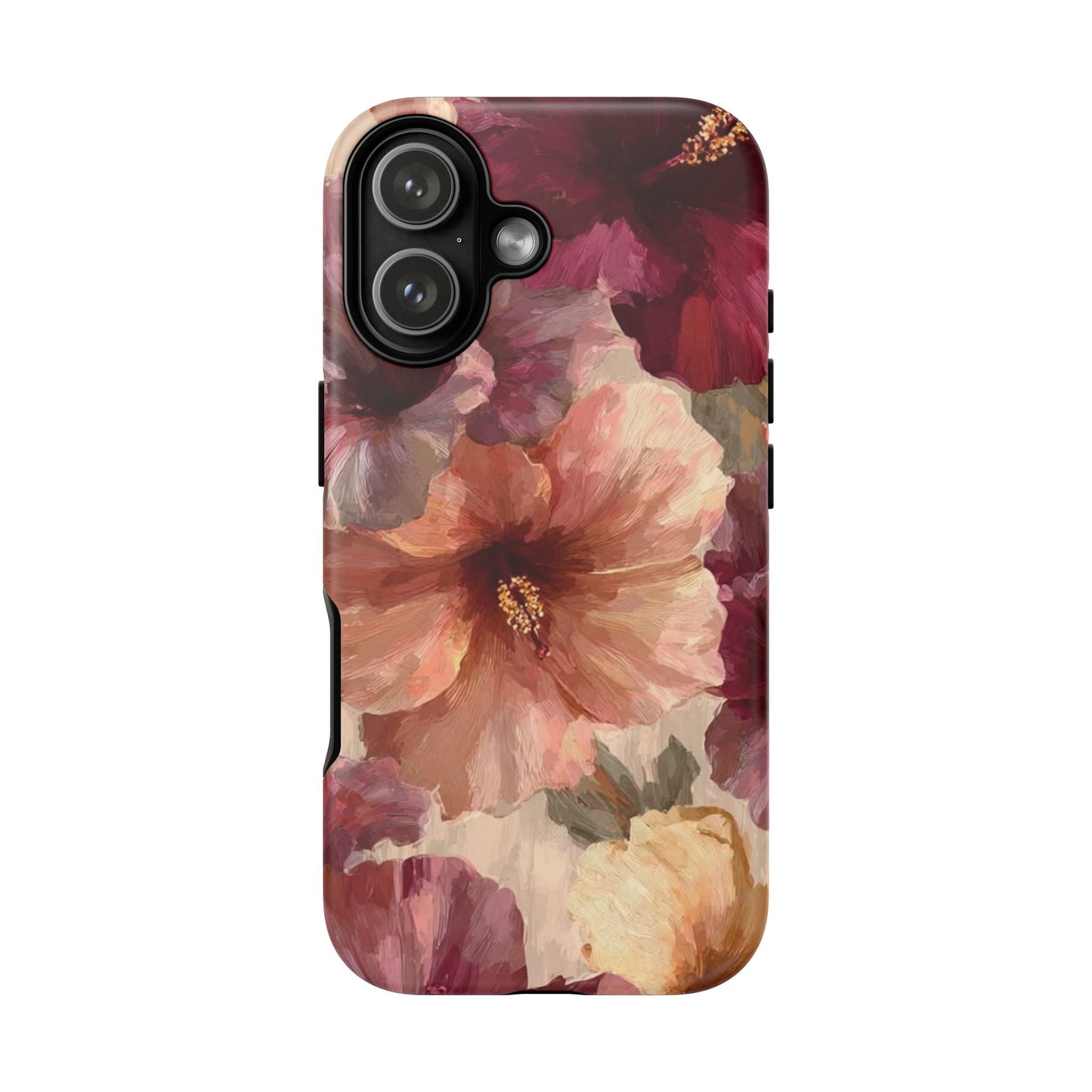 Floral Watercolor Phone Case — Burgundy & Peach Hibiscus Protective Cover