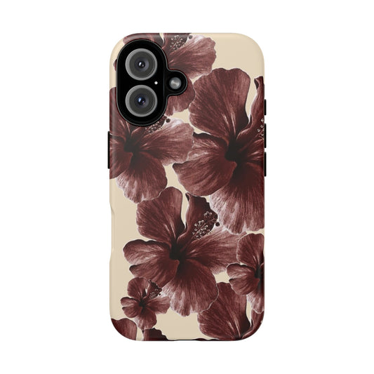 Hibiscus Floral Tough Phone Case — Maroon Vintage Flower Protective Cover