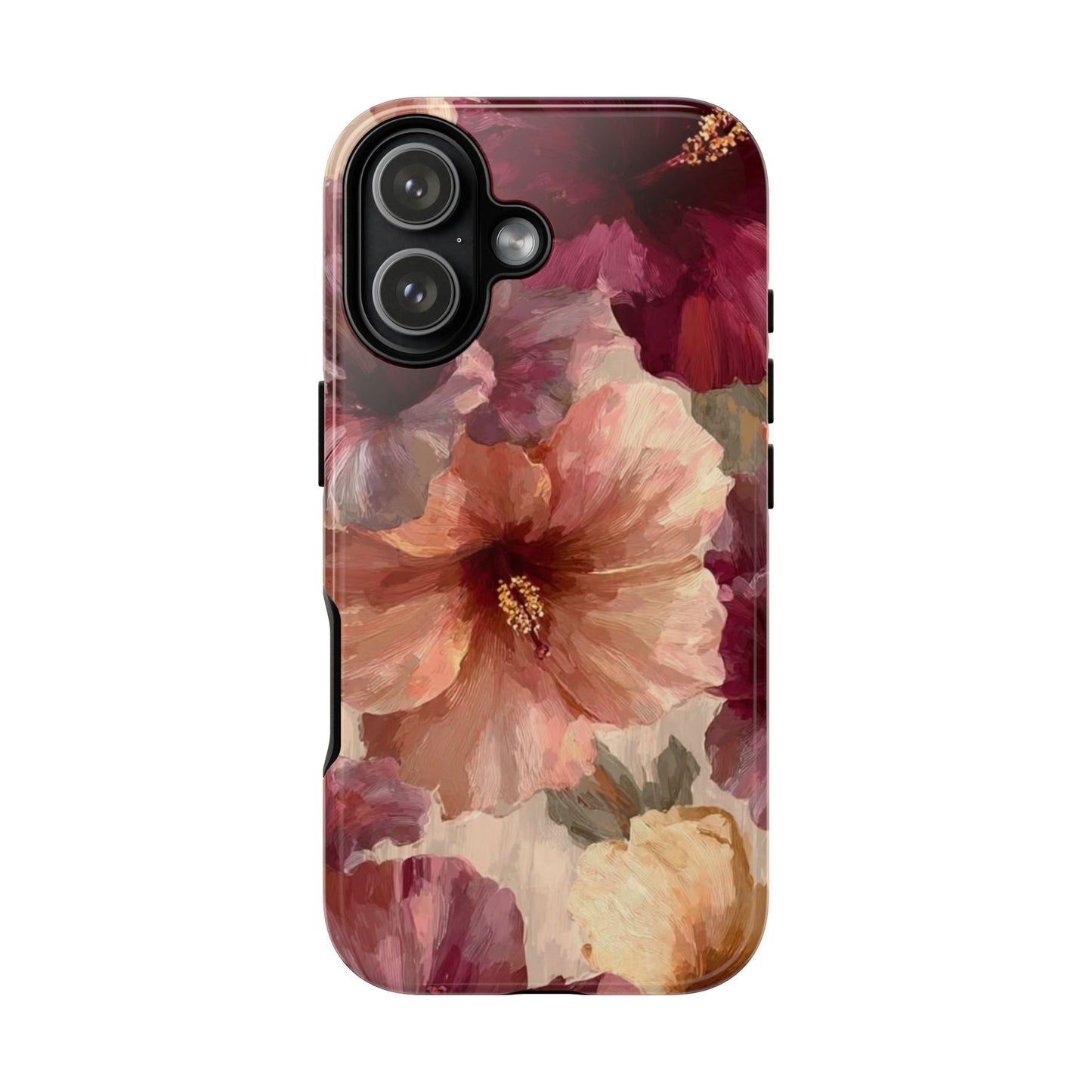 Floral Watercolor Phone Case — Burgundy & Peach Hibiscus Protective Cover