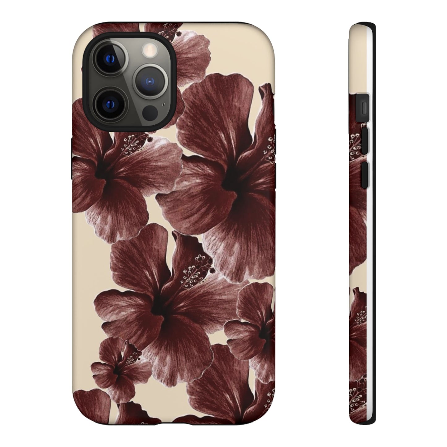 Hibiscus Floral Tough Phone Case — Maroon Vintage Flower Protective Cover