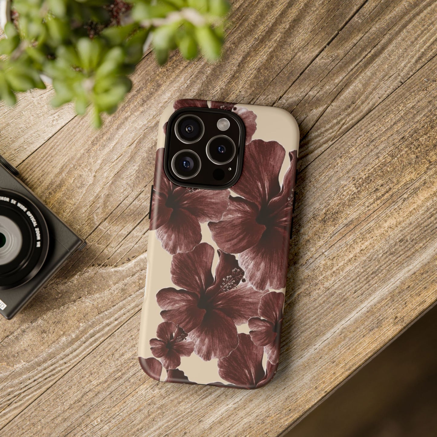 Hibiscus Floral Tough Phone Case — Maroon Vintage Flower Protective Cover