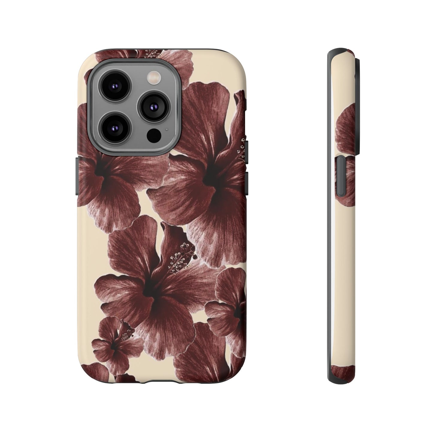 Hibiscus Floral Tough Phone Case — Maroon Vintage Flower Protective Cover