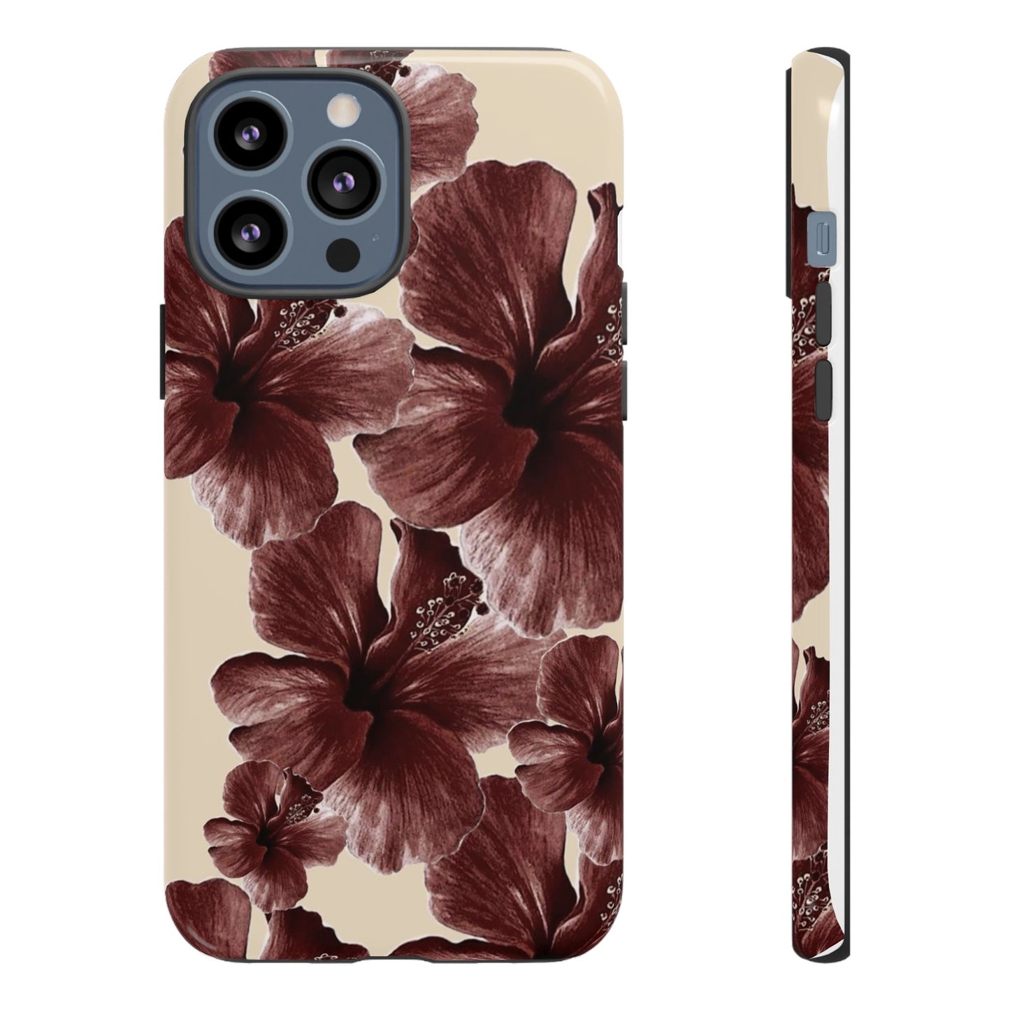 Hibiscus Floral Tough Phone Case — Maroon Vintage Flower Protective Cover
