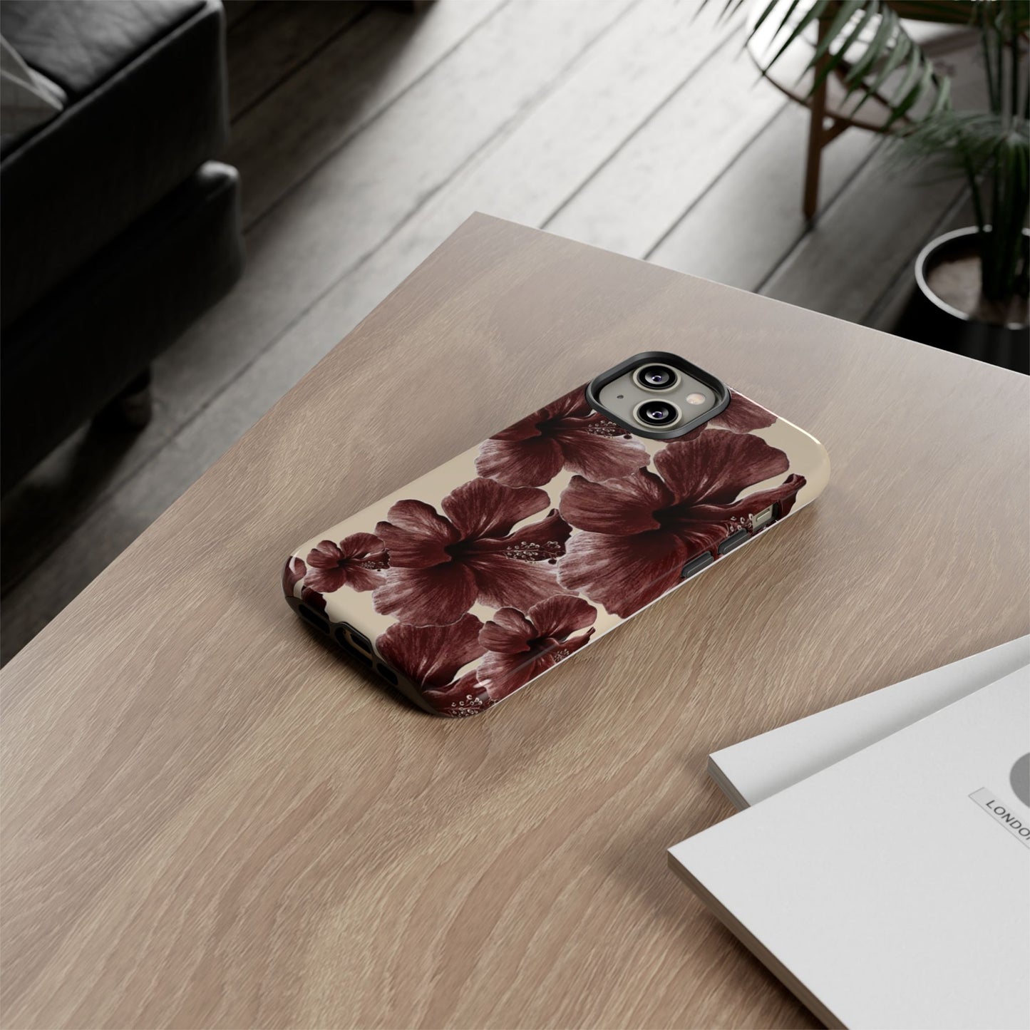 Hibiscus Floral Tough Phone Case — Maroon Vintage Flower Protective Cover