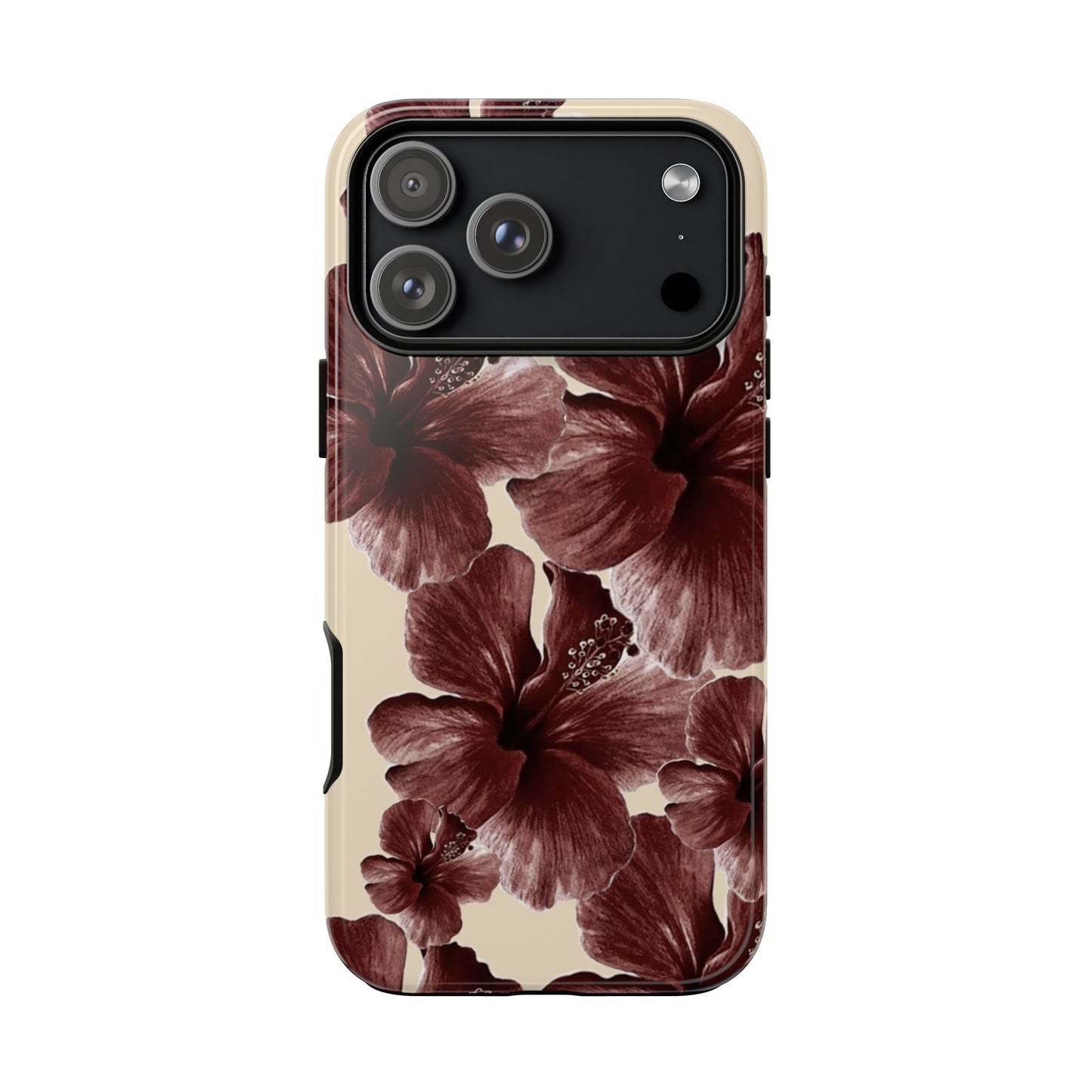 Hibiscus Floral Tough Phone Case — Maroon Vintage Flower Protective Cover