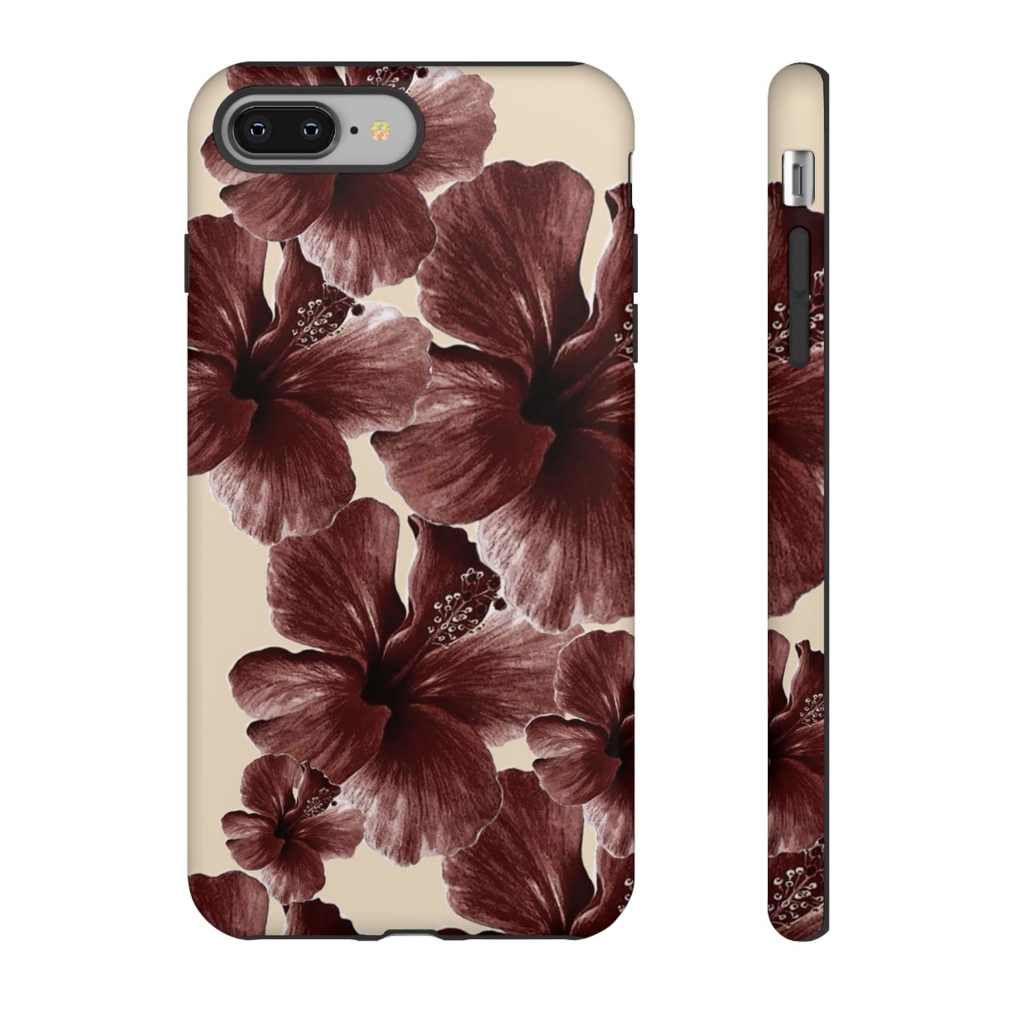 Hibiscus Floral Tough Phone Case — Maroon Vintage Flower Protective Cover