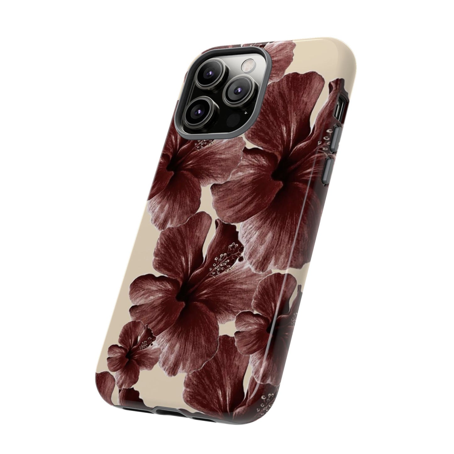 Hibiscus Floral Tough Phone Case — Maroon Vintage Flower Protective Cover