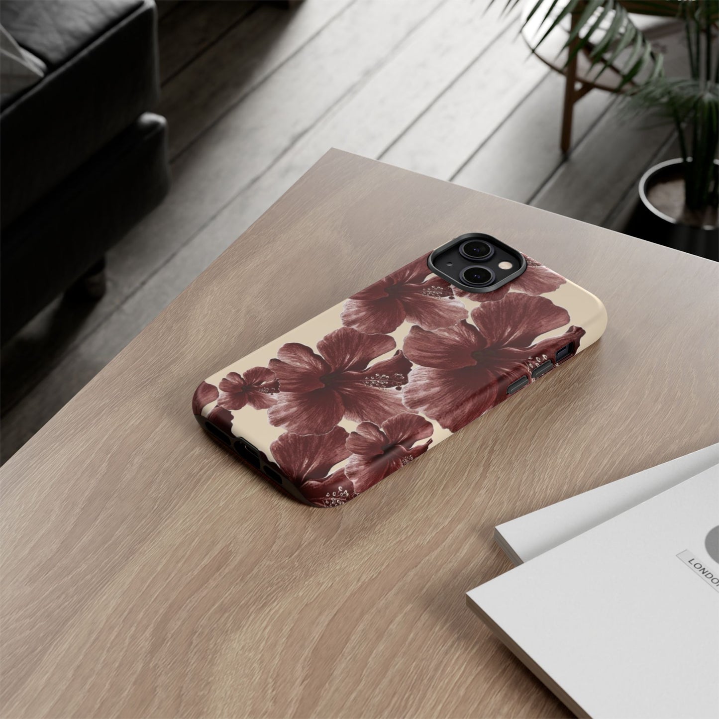Hibiscus Floral Tough Phone Case — Maroon Vintage Flower Protective Cover