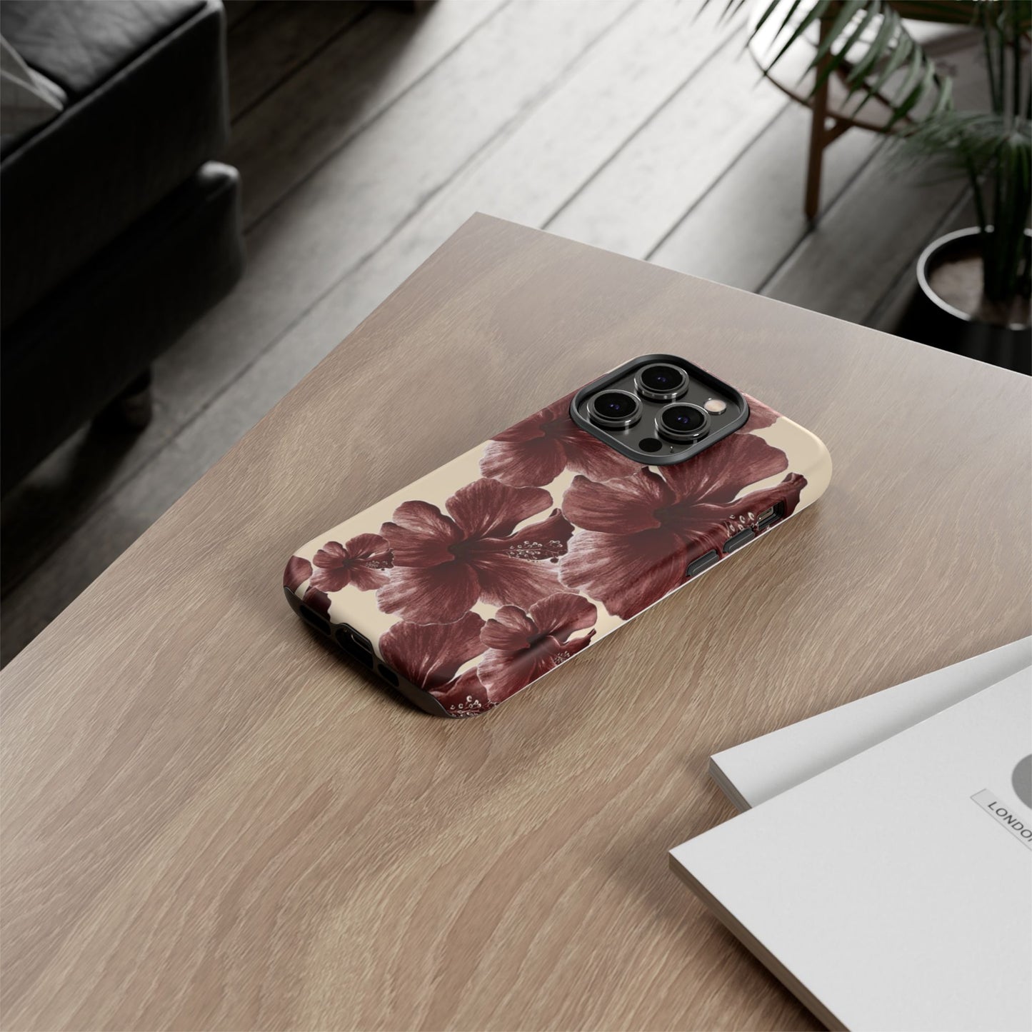 Hibiscus Floral Tough Phone Case — Maroon Vintage Flower Protective Cover