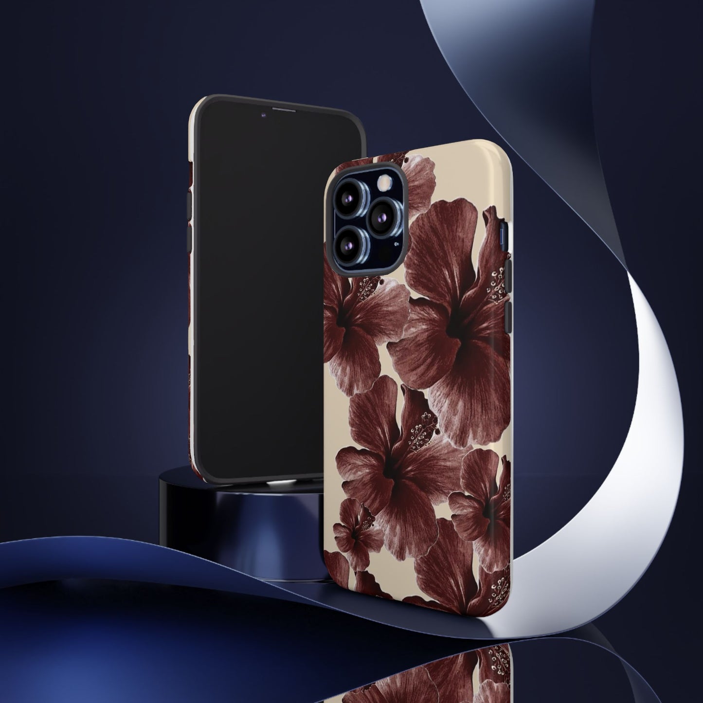 Hibiscus Floral Tough Phone Case — Maroon Vintage Flower Protective Cover