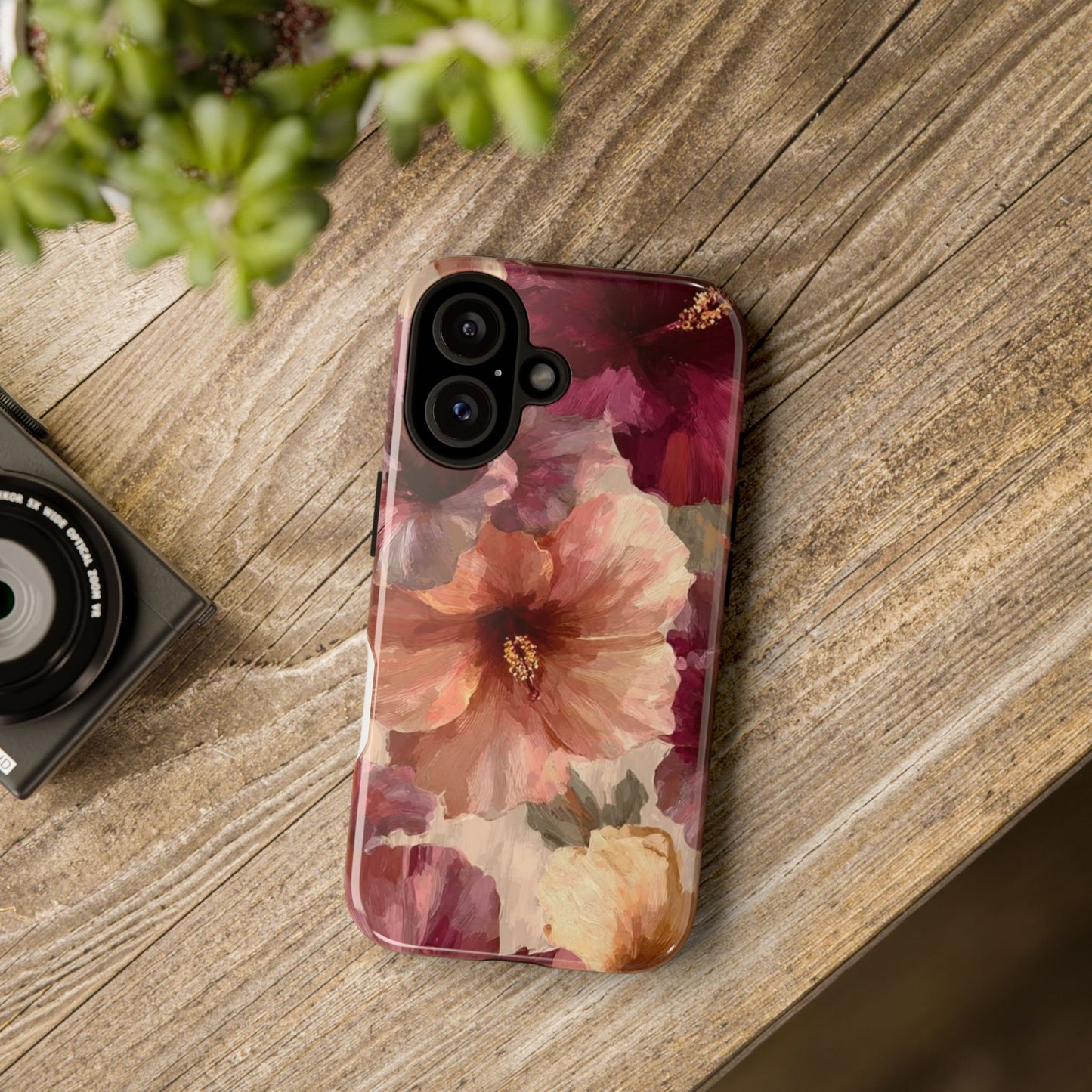 Floral Watercolor Phone Case — Burgundy & Peach Hibiscus Protective Cover