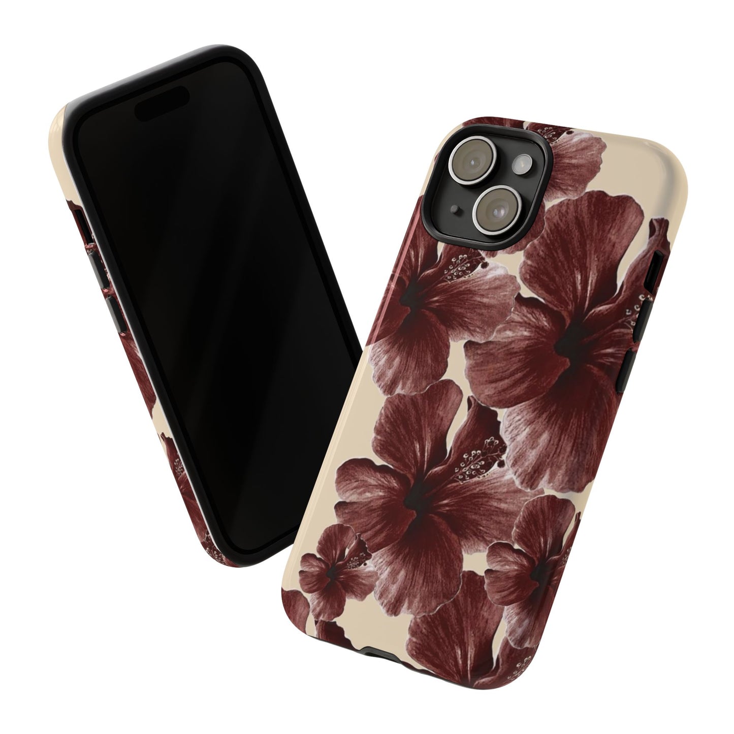 Hibiscus Floral Tough Phone Case — Maroon Vintage Flower Protective Cover