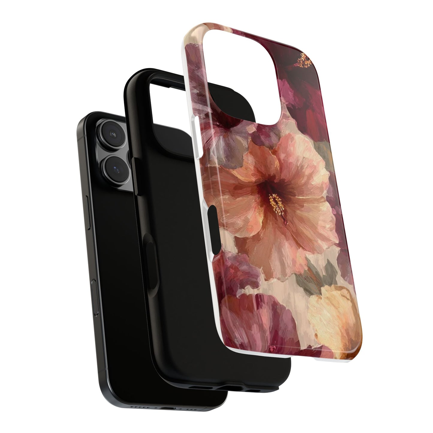 Floral Watercolor Phone Case — Burgundy & Peach Hibiscus Protective Cover