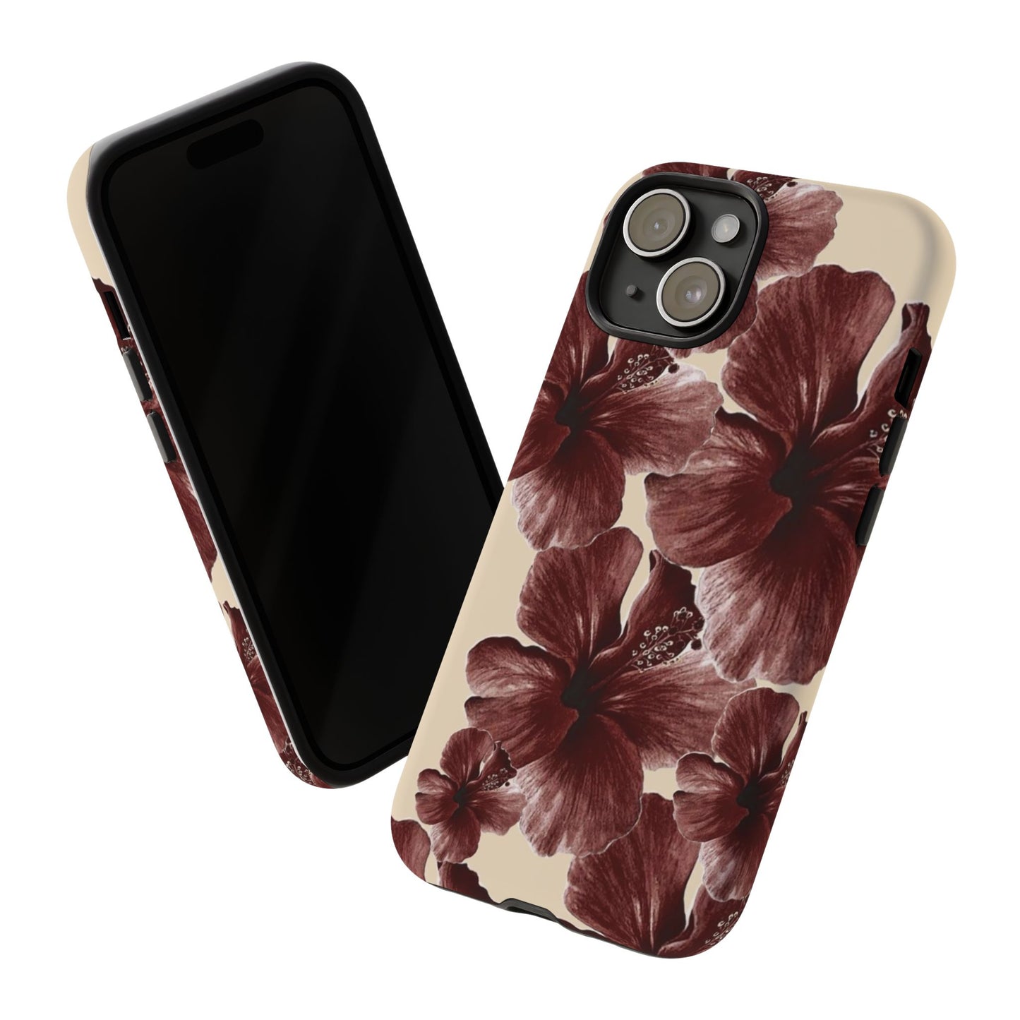 Hibiscus Floral Tough Phone Case — Maroon Vintage Flower Protective Cover