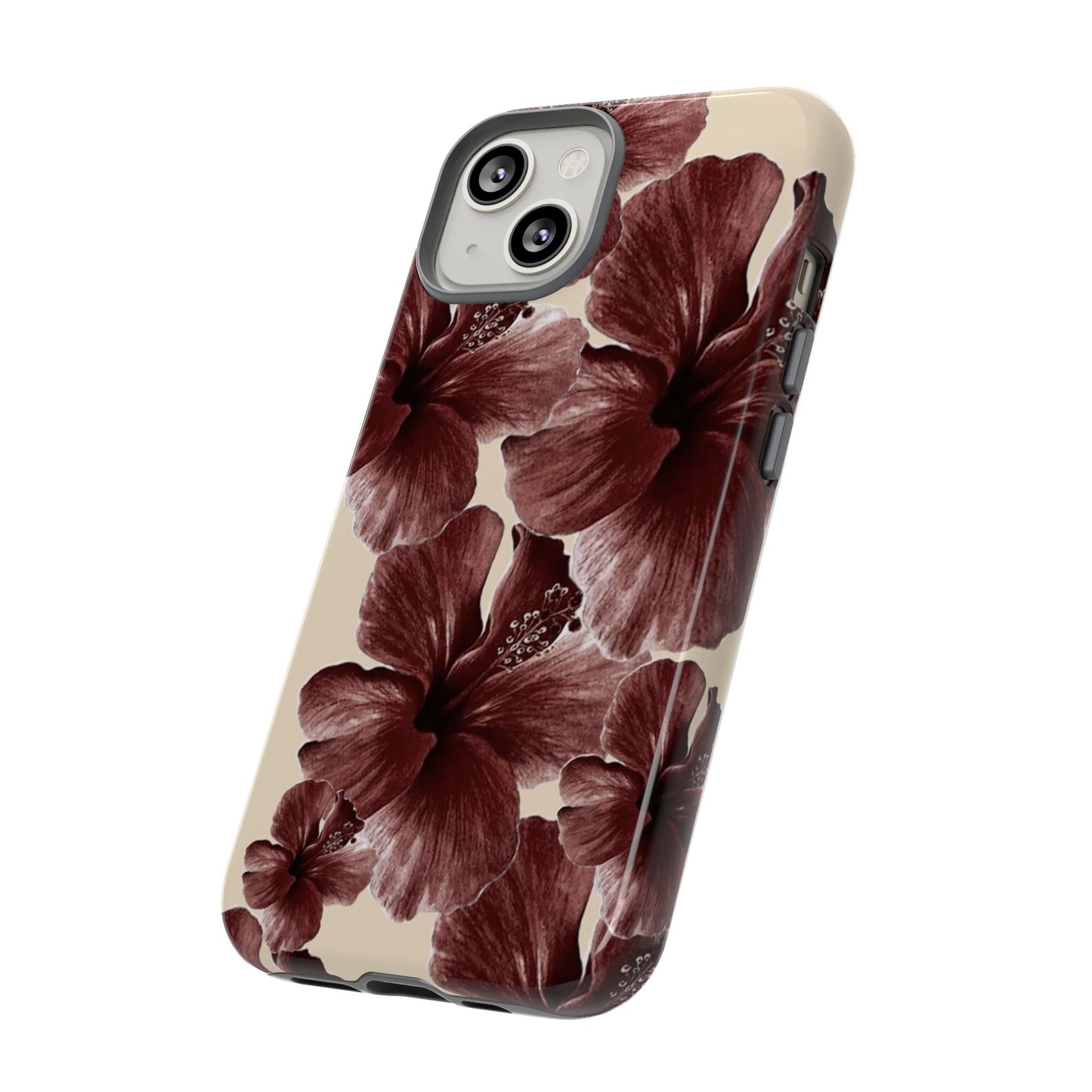 Hibiscus Floral Tough Phone Case — Maroon Vintage Flower Protective Cover