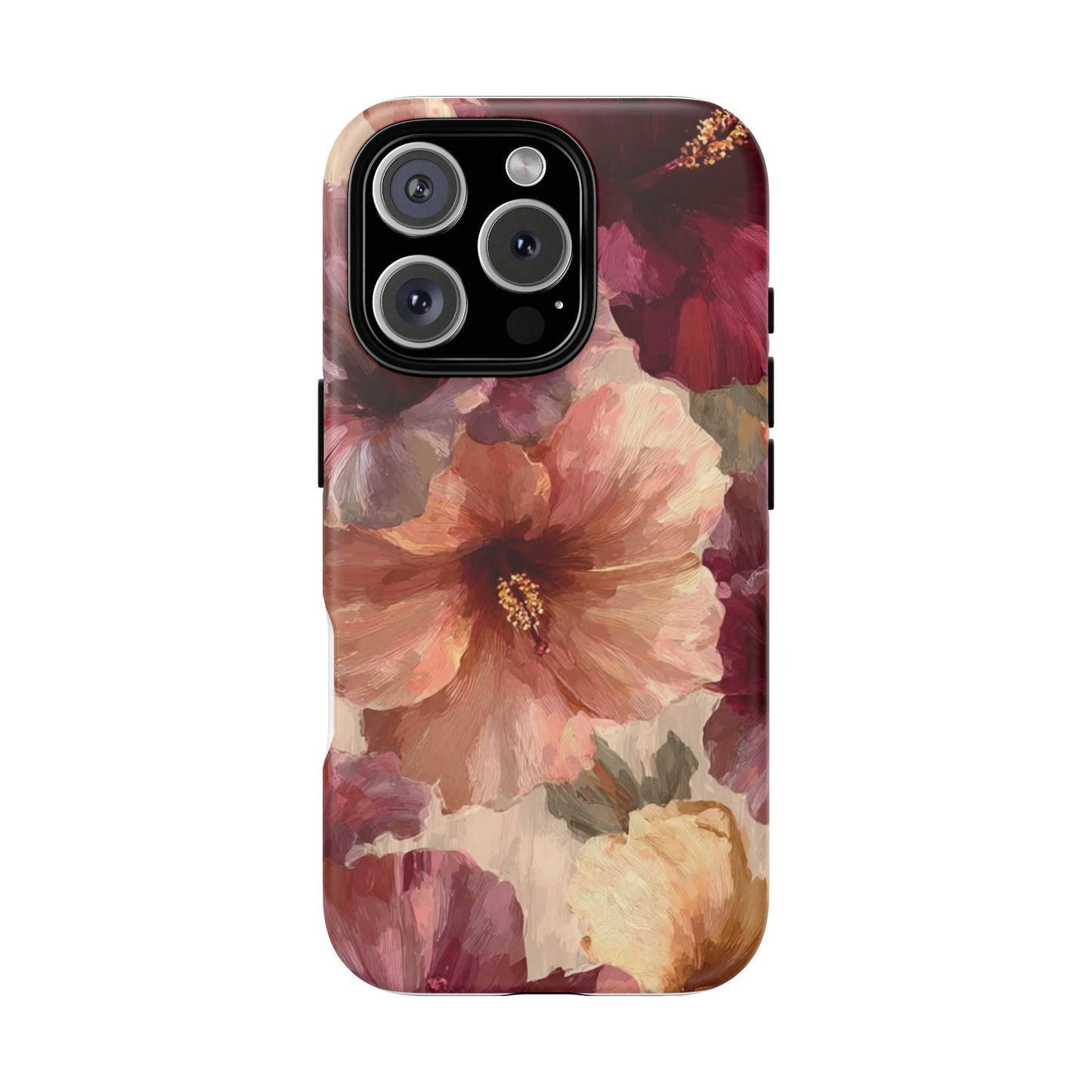Floral Watercolor Phone Case — Burgundy & Peach Hibiscus Protective Cover