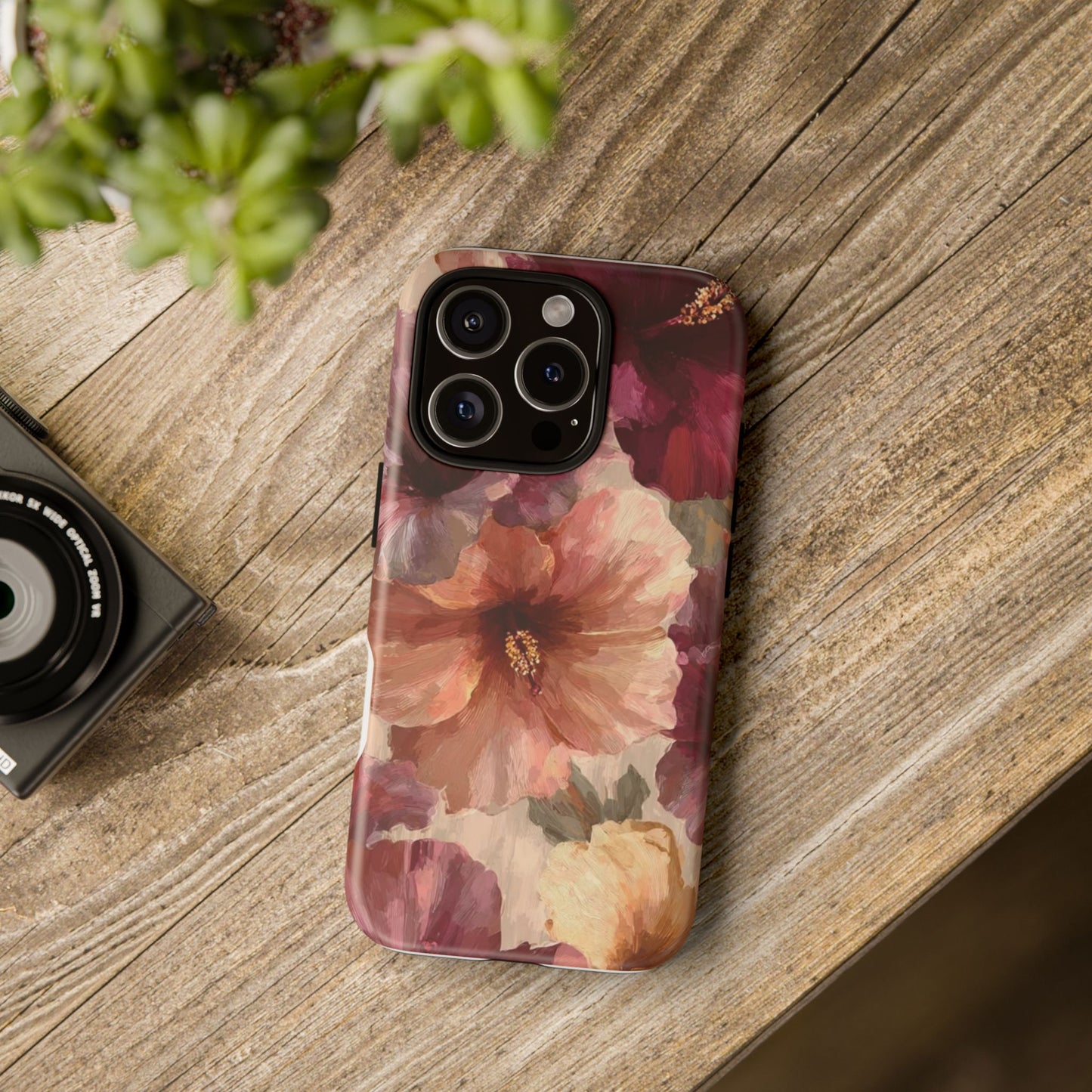 Floral Watercolor Phone Case — Burgundy & Peach Hibiscus Protective Cover
