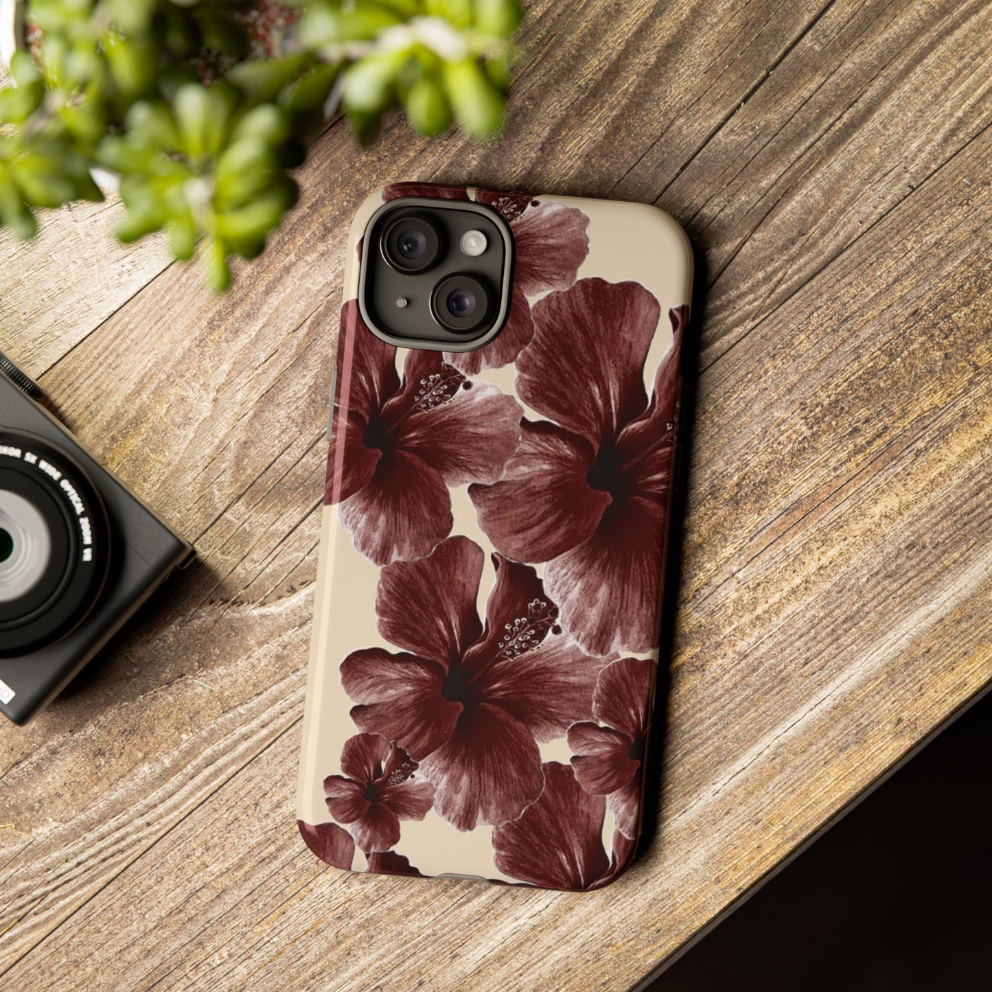 Hibiscus Floral Tough Phone Case — Maroon Vintage Flower Protective Cover