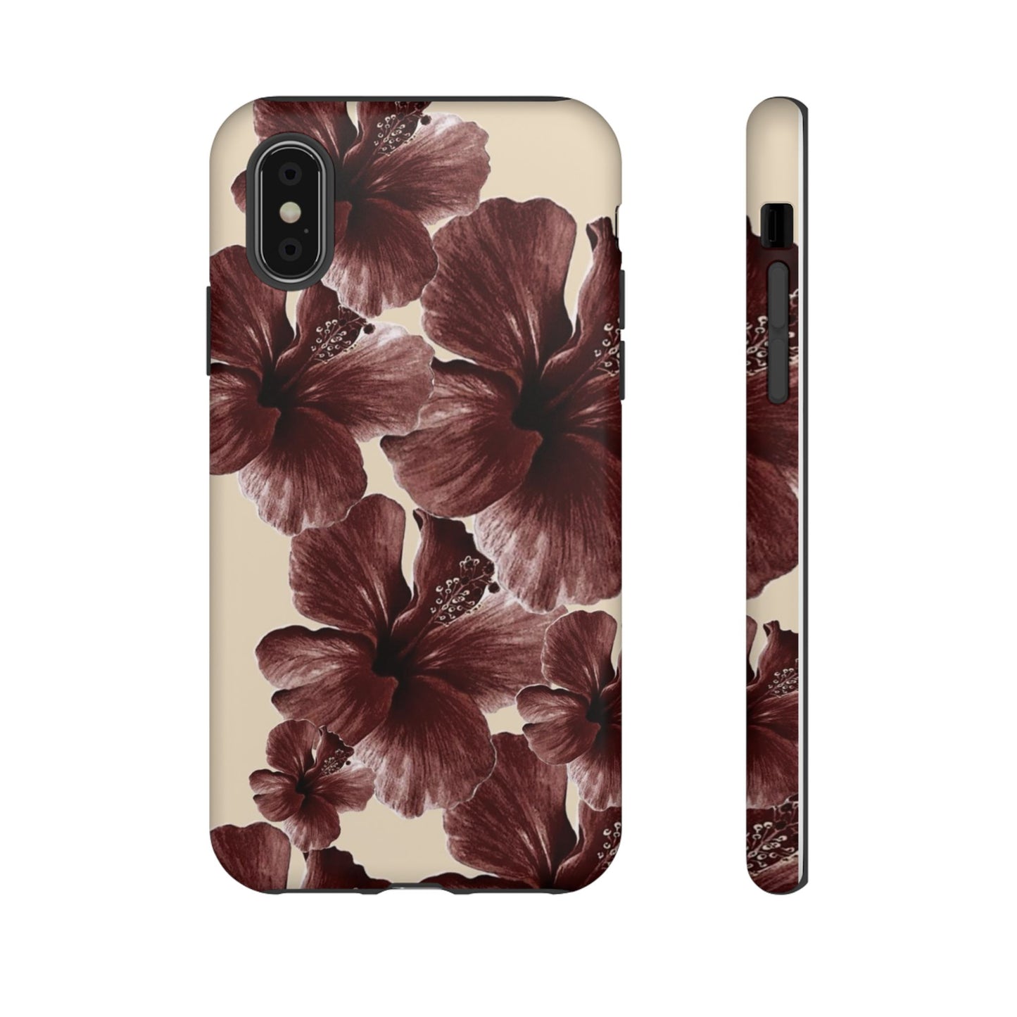 Hibiscus Floral Tough Phone Case — Maroon Vintage Flower Protective Cover