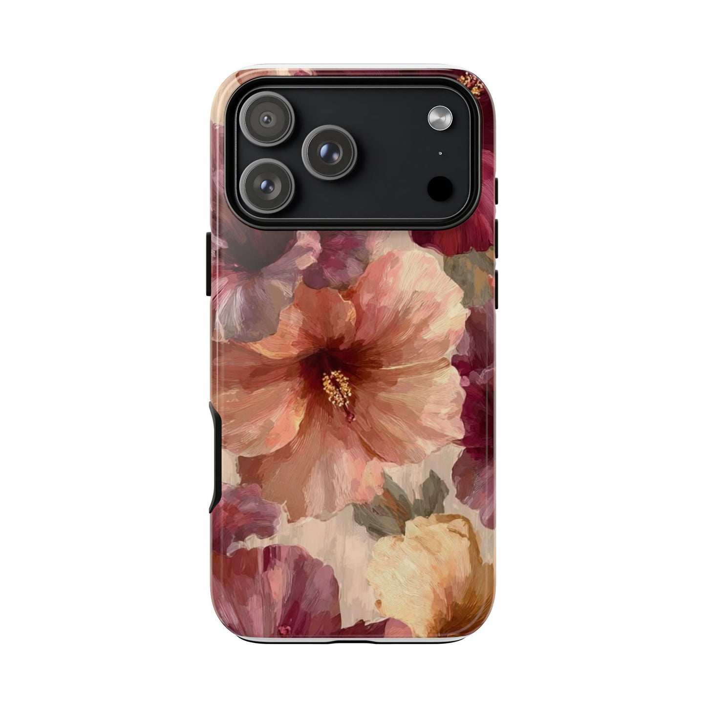 Floral Watercolor Phone Case — Burgundy & Peach Hibiscus Protective Cover