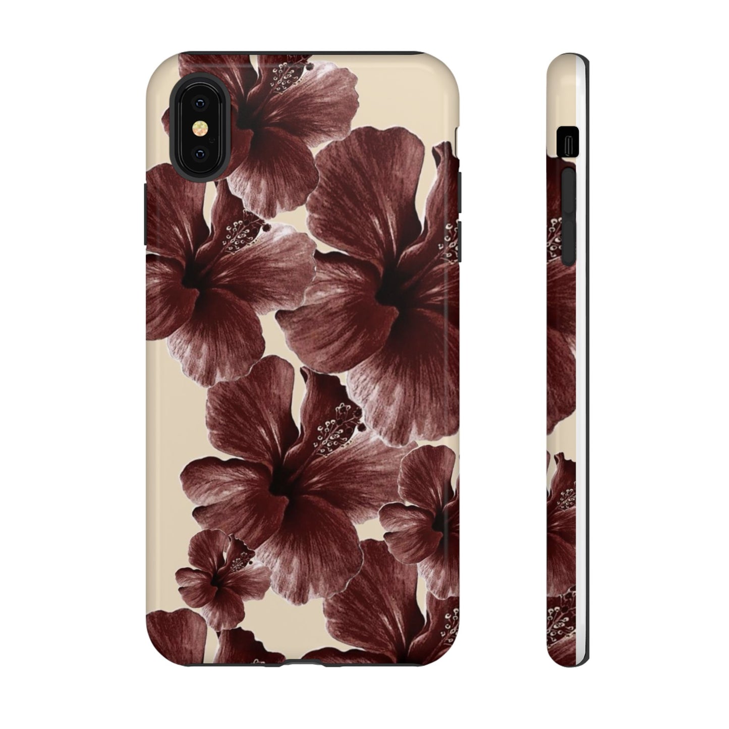 Hibiscus Floral Tough Phone Case — Maroon Vintage Flower Protective Cover