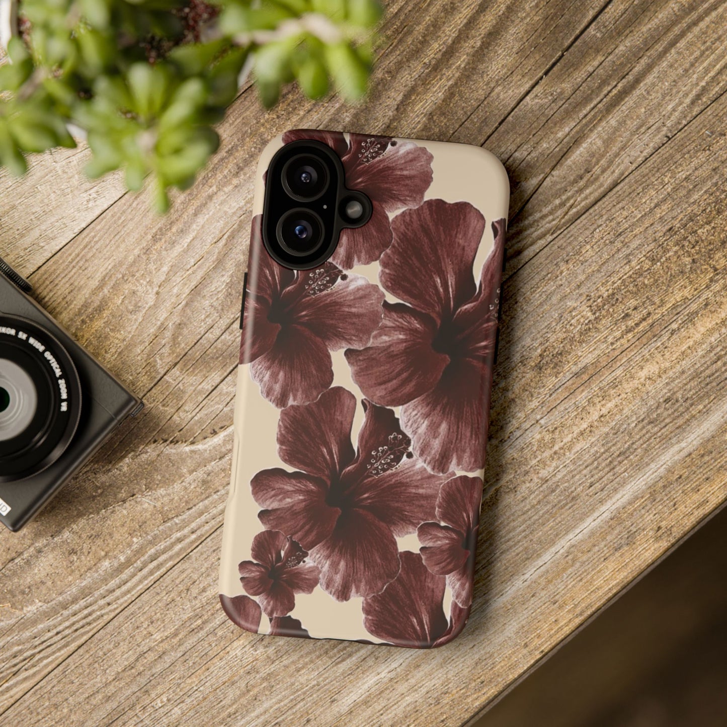 Hibiscus Floral Tough Phone Case — Maroon Vintage Flower Protective Cover