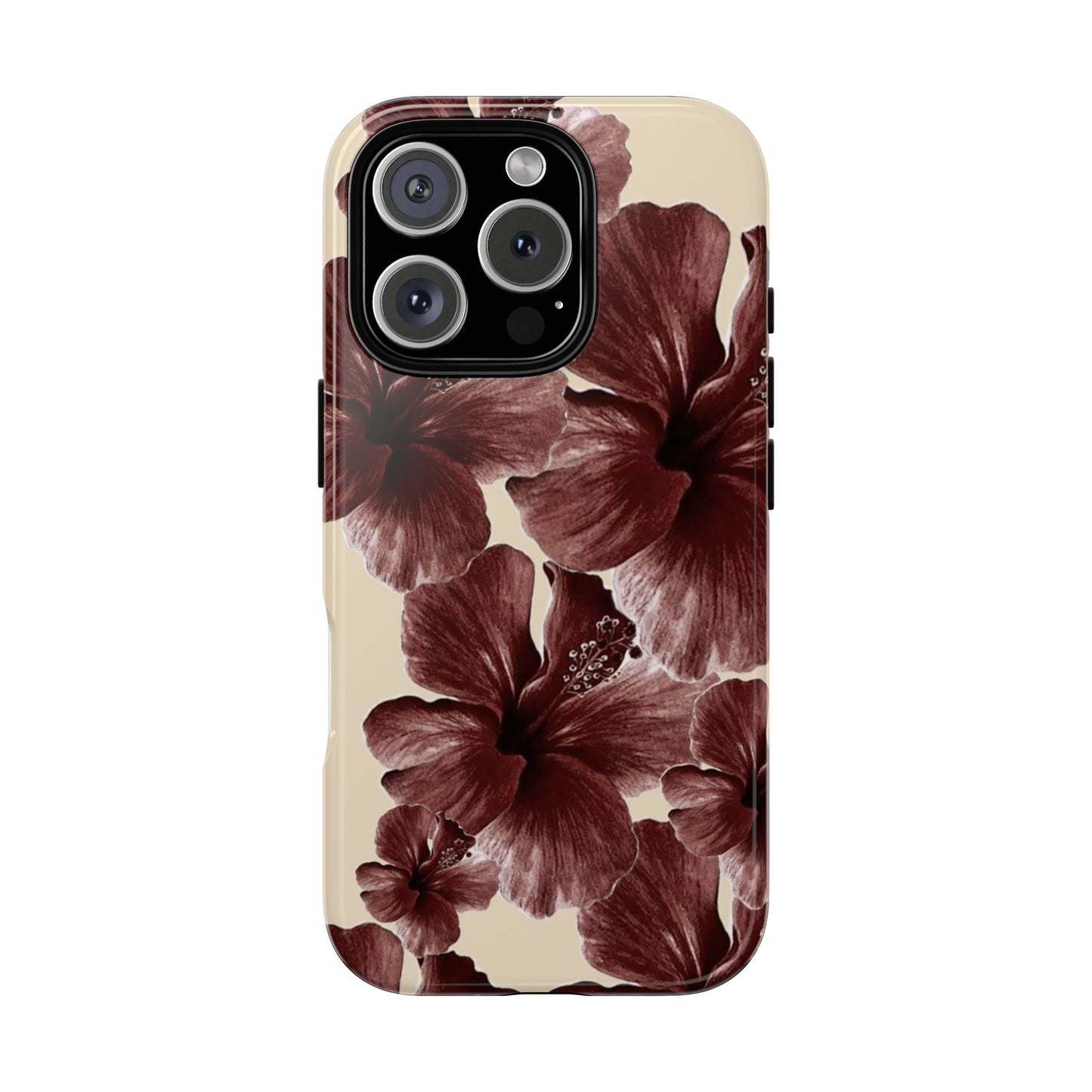 Hibiscus Floral Tough Phone Case — Maroon Vintage Flower Protective Cover