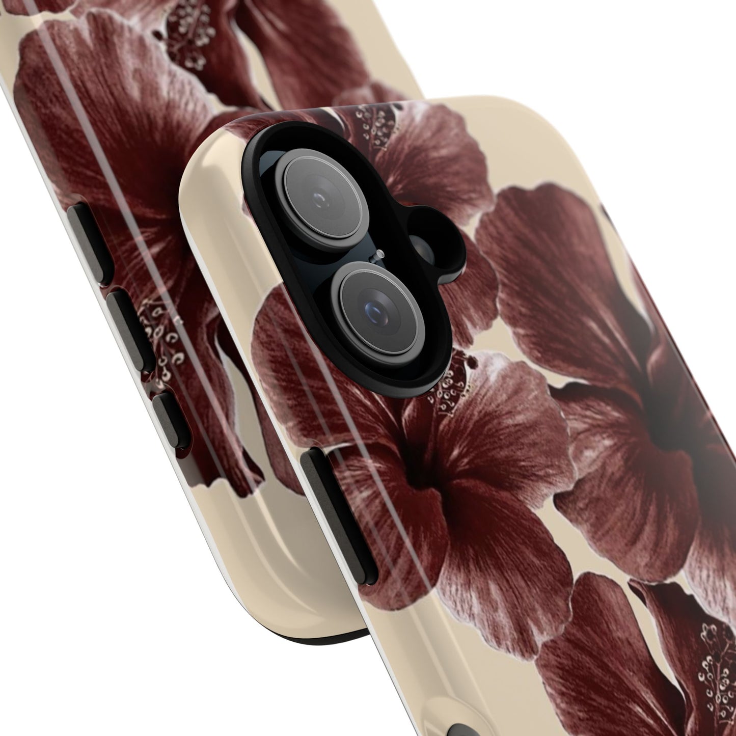 Hibiscus Floral Tough Phone Case — Maroon Vintage Flower Protective Cover