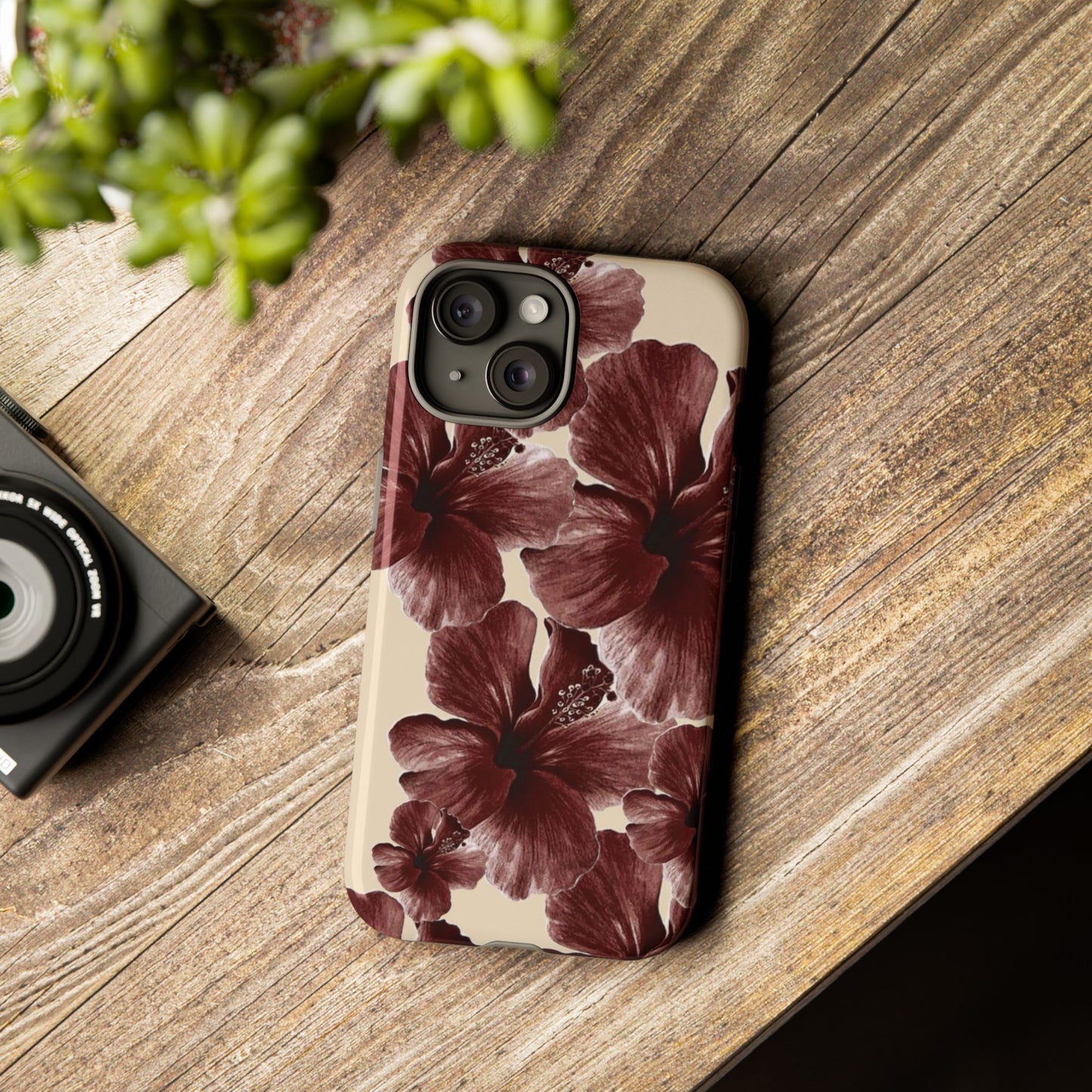 Hibiscus Floral Tough Phone Case — Maroon Vintage Flower Protective Cover