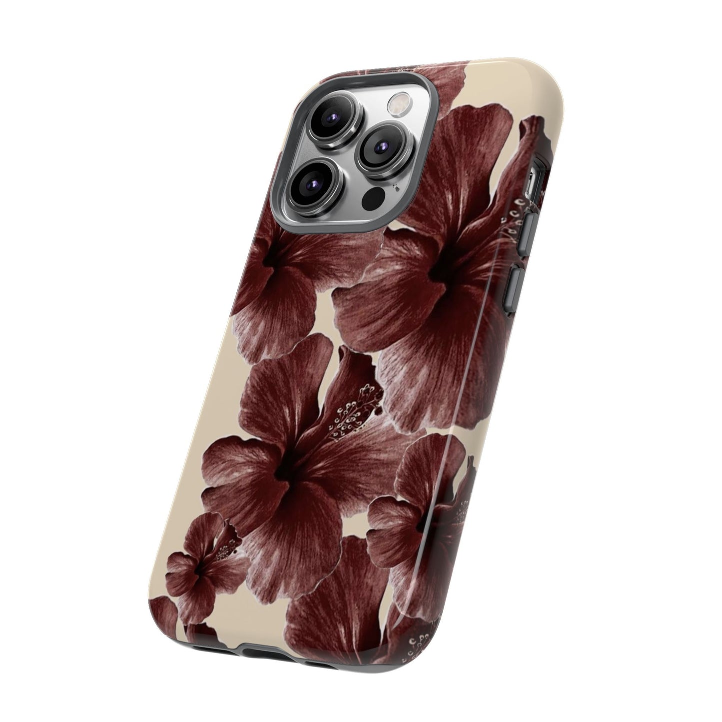 Hibiscus Floral Tough Phone Case — Maroon Vintage Flower Protective Cover
