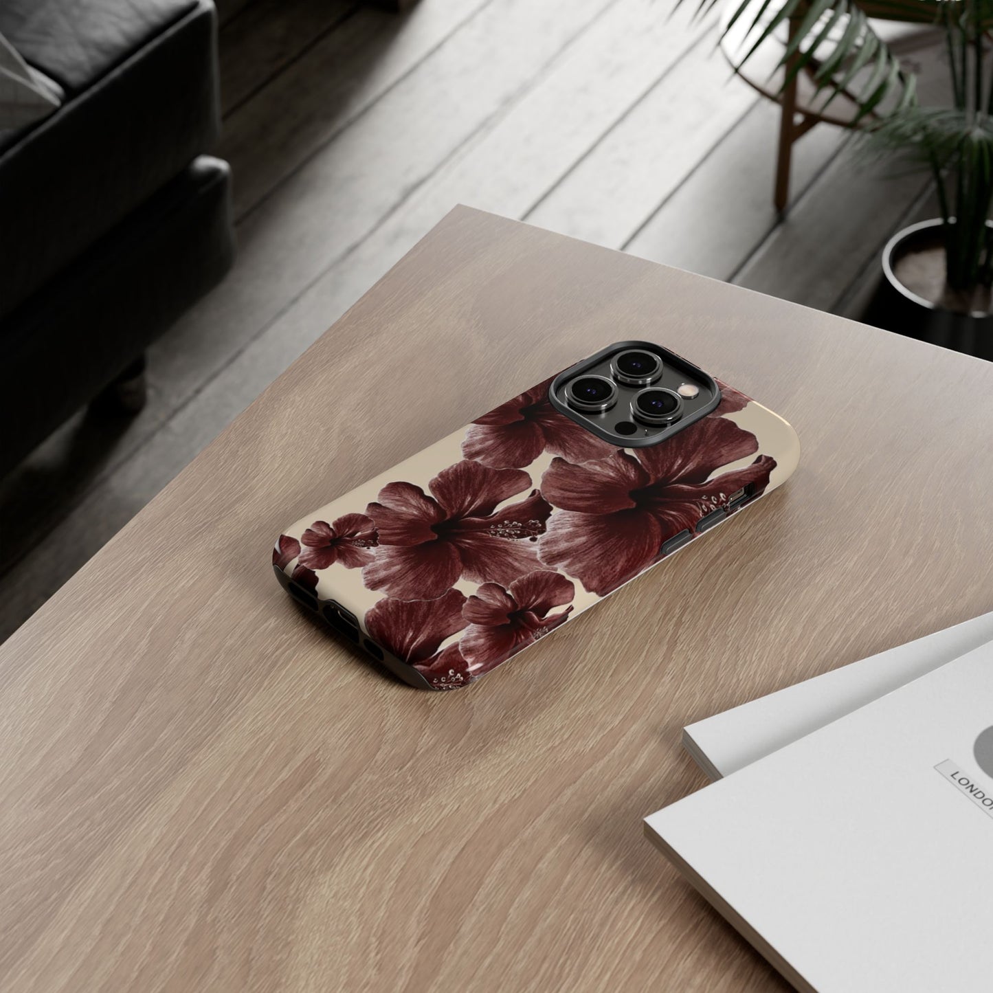 Hibiscus Floral Tough Phone Case — Maroon Vintage Flower Protective Cover