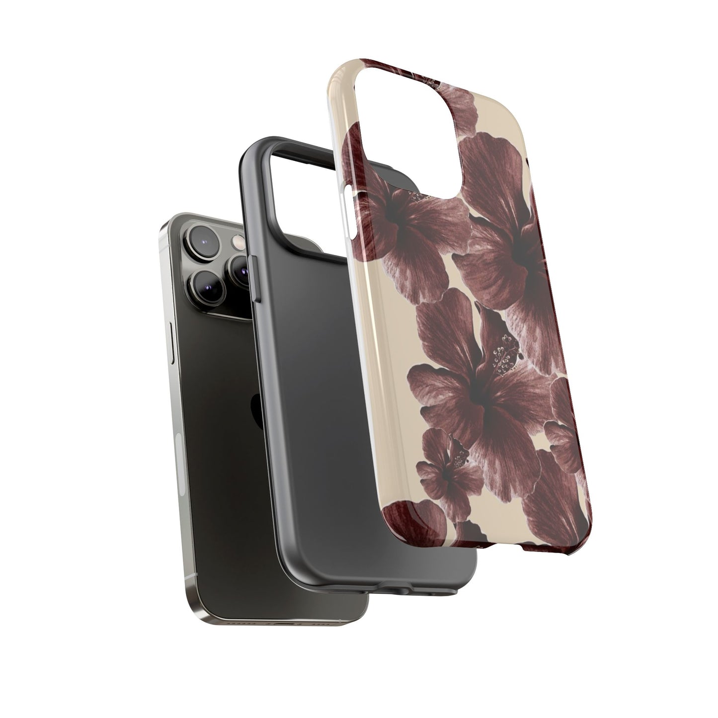 Hibiscus Floral Tough Phone Case — Maroon Vintage Flower Protective Cover