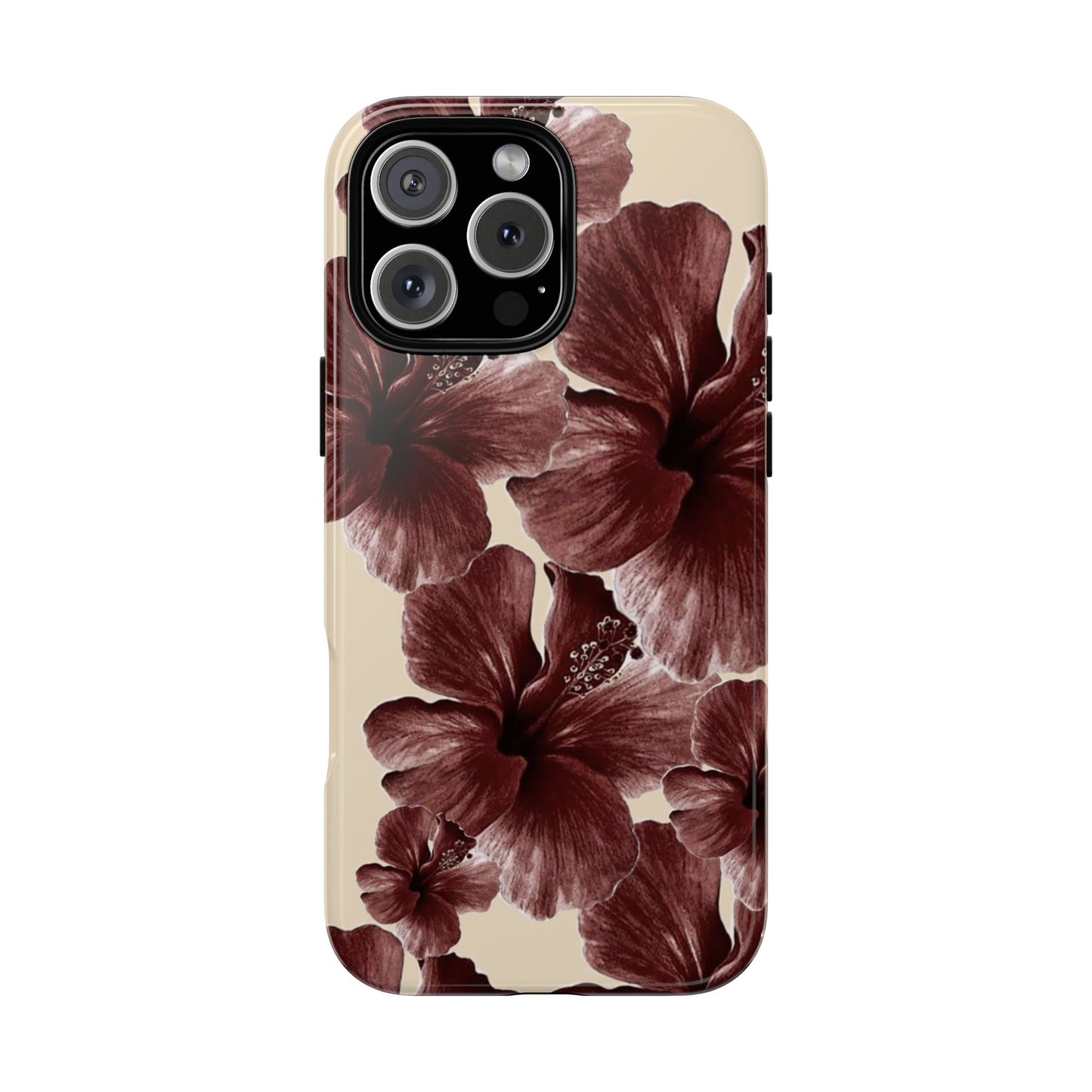 Hibiscus Floral Tough Phone Case — Maroon Vintage Flower Protective Cover