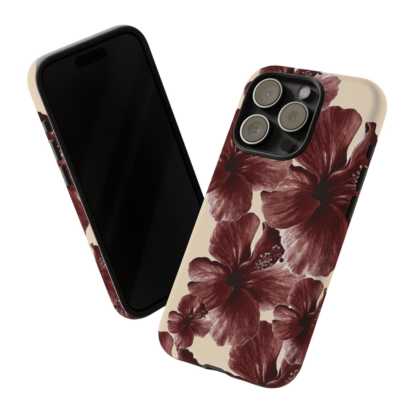 Hibiscus Floral Tough Phone Case — Maroon Vintage Flower Protective Cover